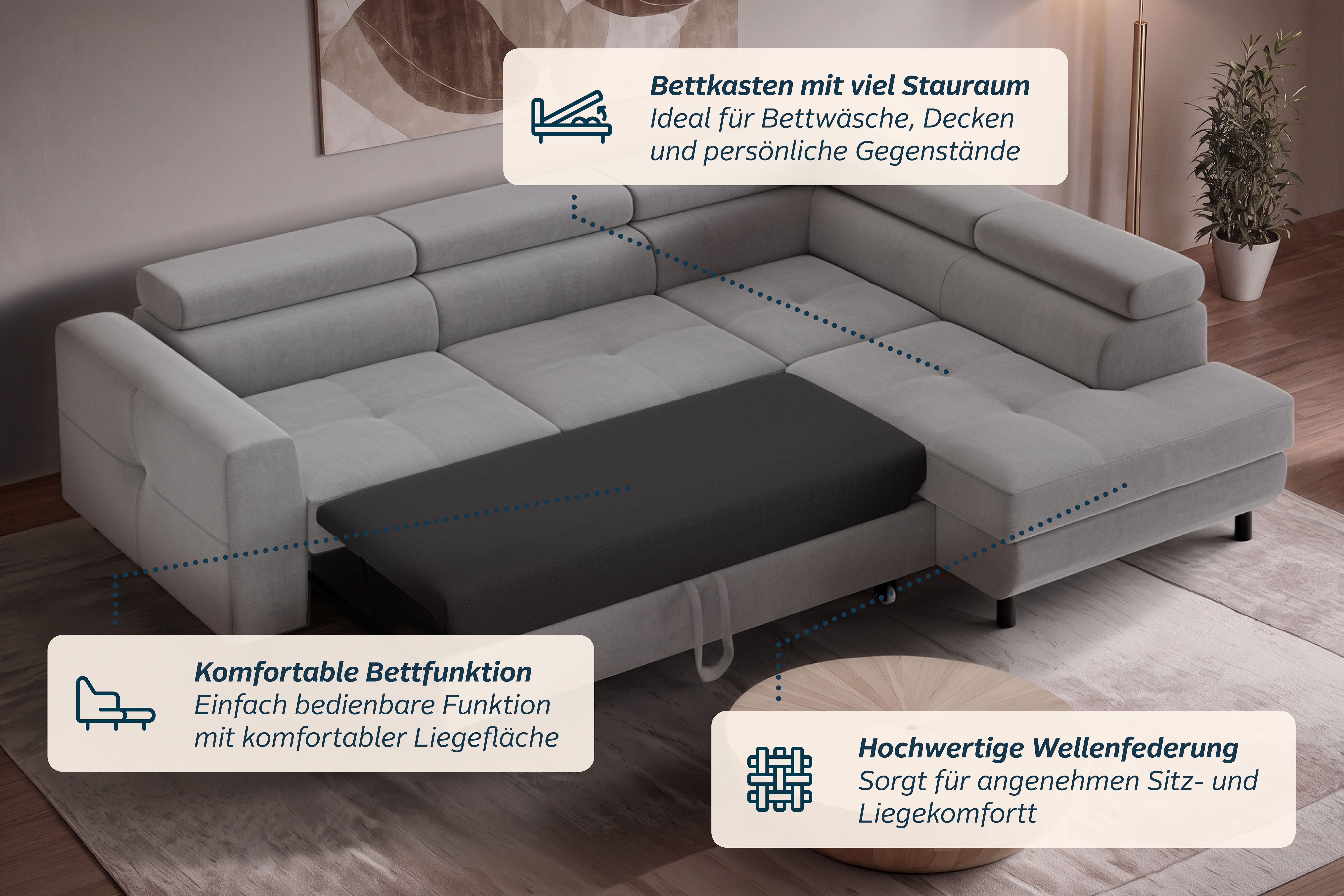 OTTO home Ecksofa AADEN Schlafsofa 254 cm - OTTO. Verlässliche Qualität., mit Bettfunktion, Bettkasten, Kopfstützen, rechts/links bestellbar – Bild 4 von 5
