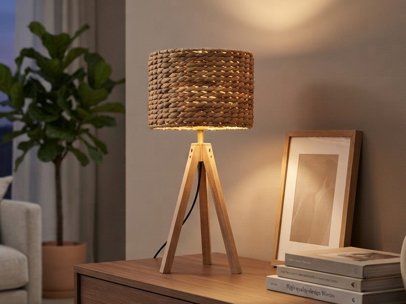 meineWunschleuchte Tischleuchte mit Holz & Wasserhyazinthe, Höhe 57cm, ohne Leuchtmittel, große Boho Tischlampe skandinavisch mit Holzfuß & E27 Korb Schirm – Bild 2 von 5
