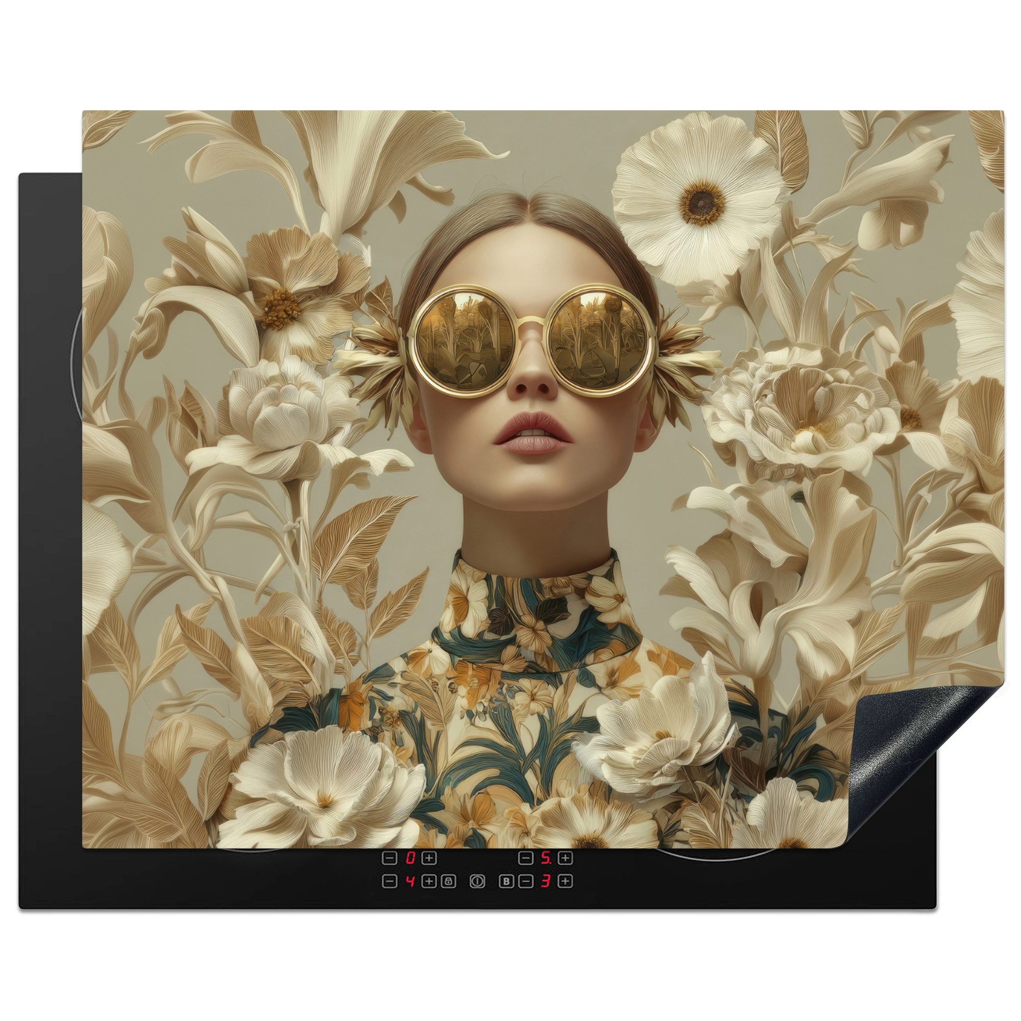 MuchoWow Herd-Abdeckplatte Frau - Blumen - Sonnenbrille - Weiß, Vinyl, (1 tlg), Herdabdeckplatten für Ceranfeld, Induktionsschutz, 65x55 cm