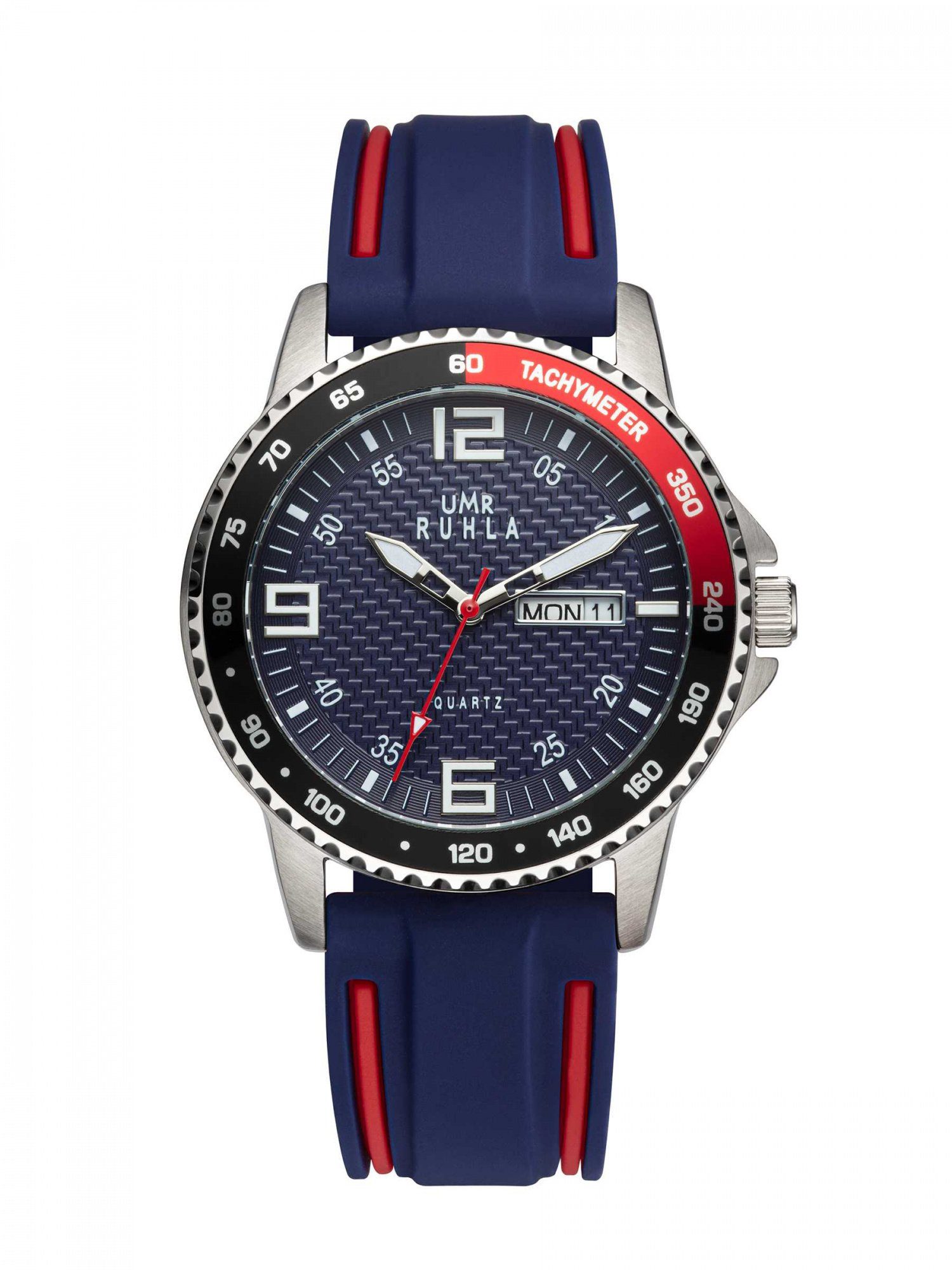 UMR Ruhla Quarzuhr Sport Herrenuhr 39003 blau/rot Silikonband 40 mm