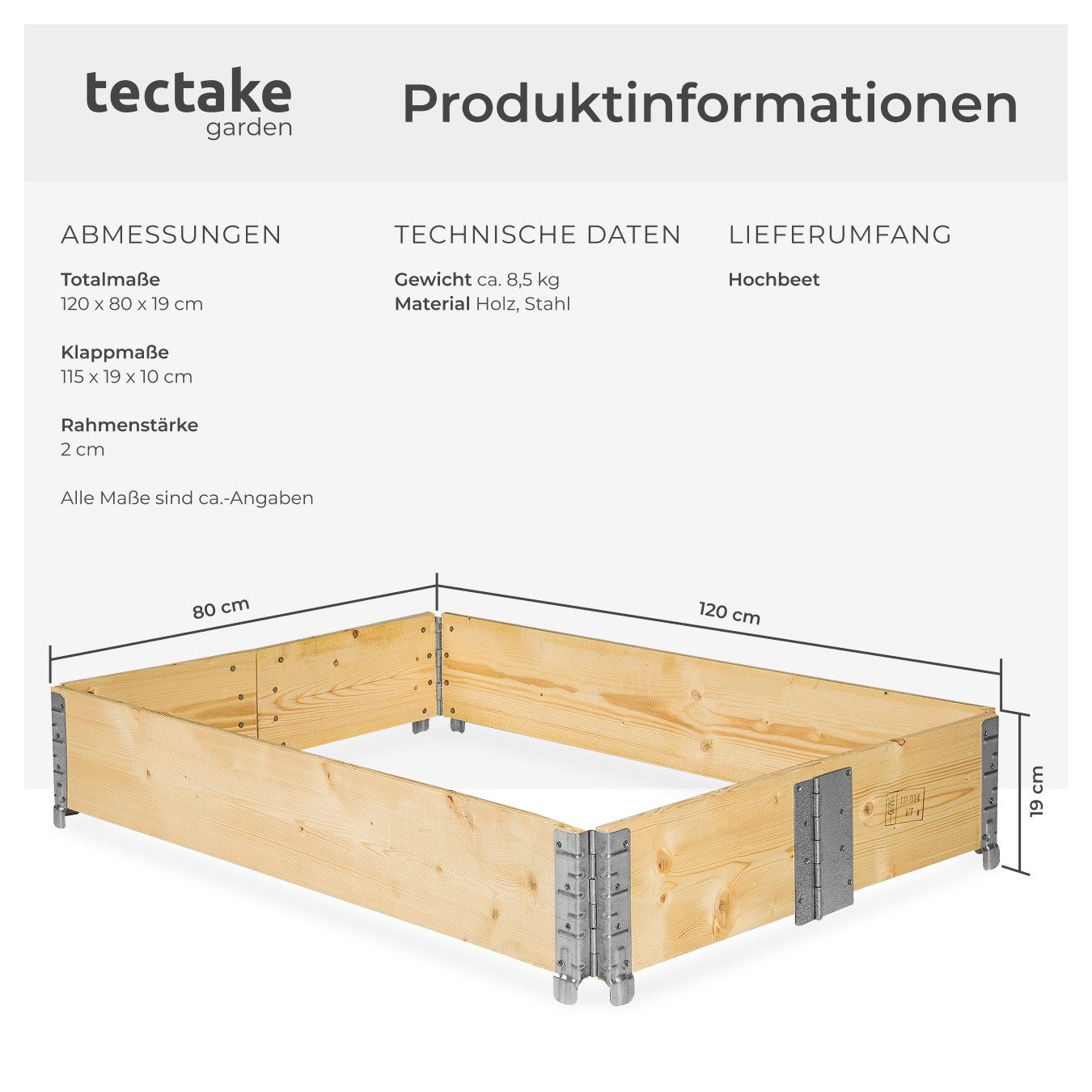 tectake Hochbeet Pflanzenkasten klappbar und stapelbar 120x80x19cm (1 St), aus Holz