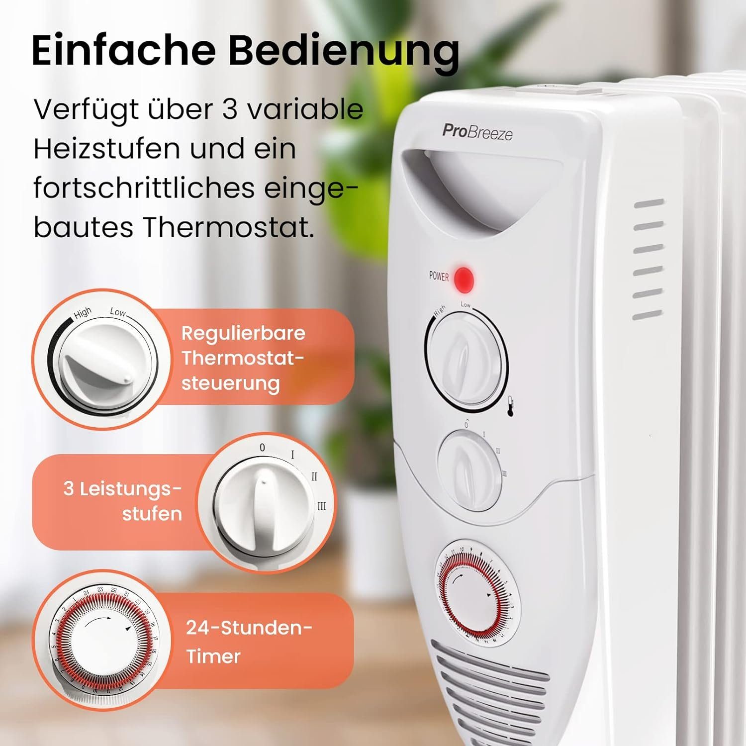 Pro Breeze Heizlüfter, integrierter zeitschaltuhr Ölradiator W, 3 2500 regulierbaren heizstufen