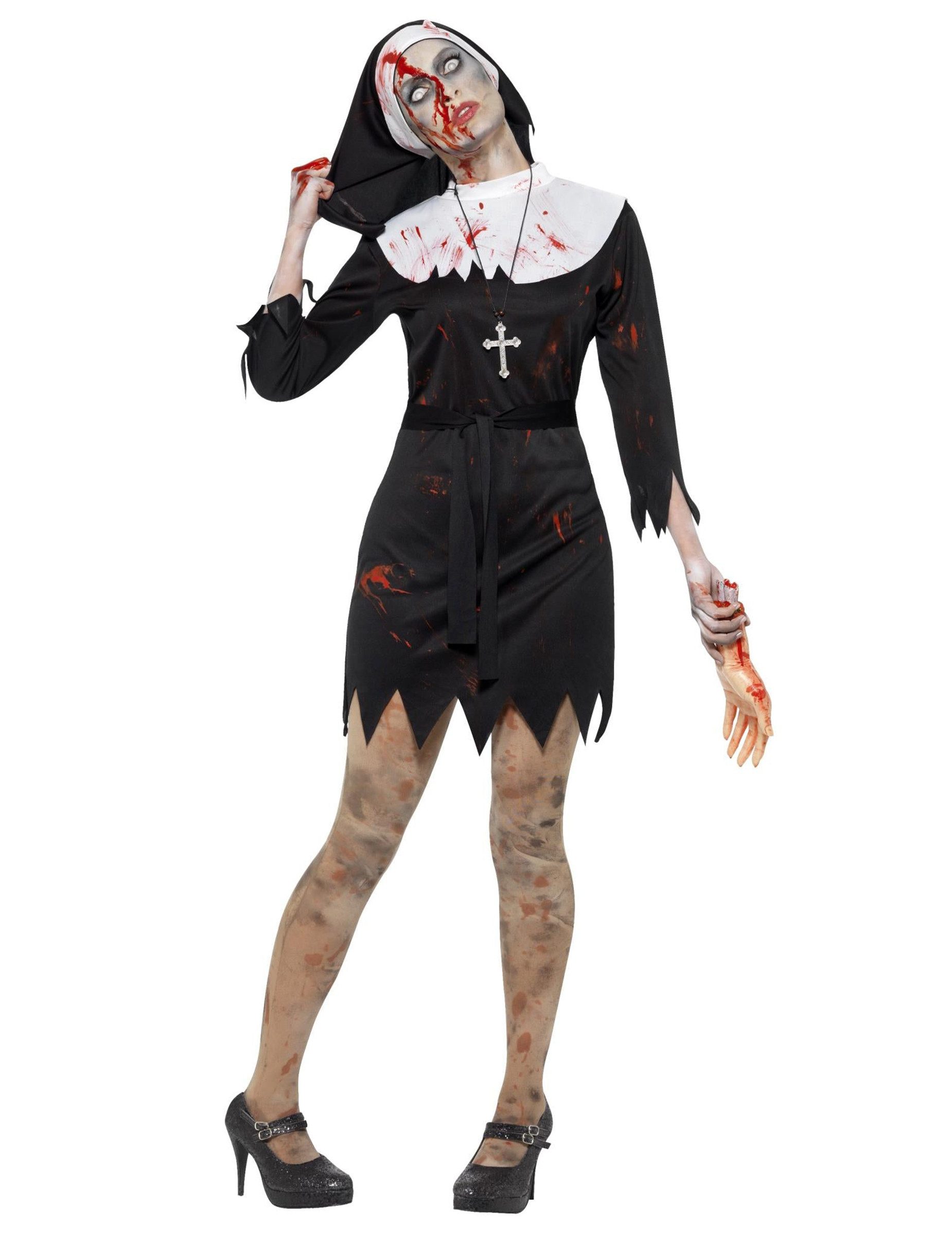 JADEO Zombie-Kostüm Blutiges Zombie-Nonnen-Kostüm für Halloween schwarz-weiss-rot