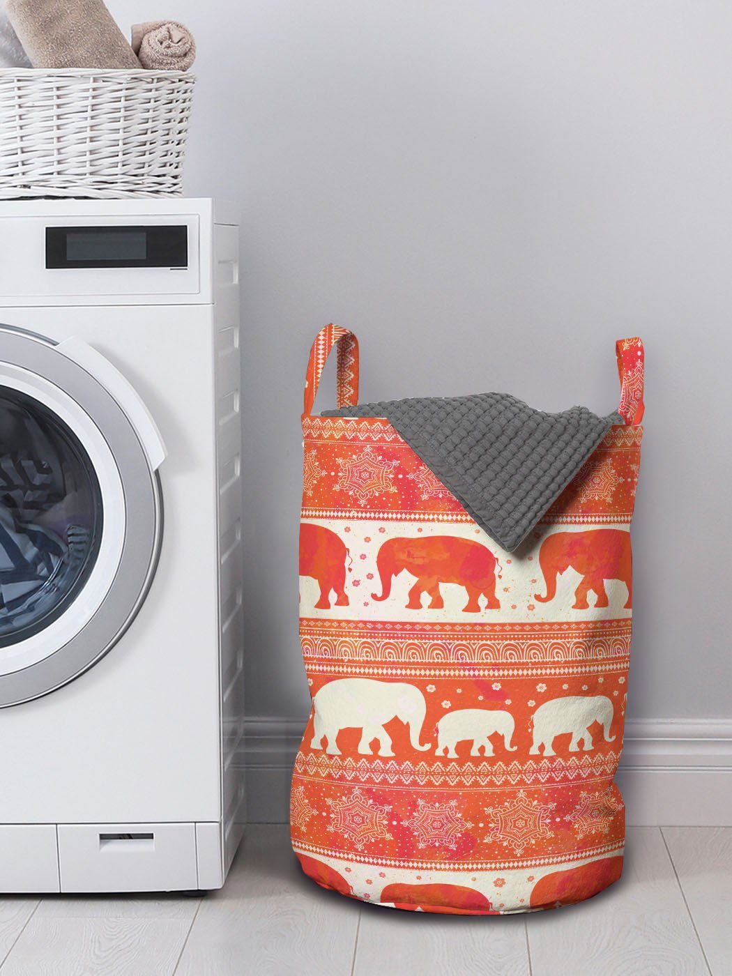 Abakuhaus Wäschekorb Kordelzugverschluss mit Elephants Wäschesäckchen Griffen Waschsalons, orientalisch Motive für
