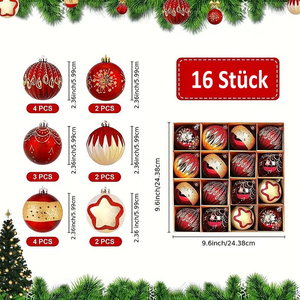 Bomiclss Weihnachtsbaumkugel 16-teiliges Set Weihnachtskugeln, 6 cm Weihnachtskugeln, geeignet für Weihnachtsbäume, Kränze und Partydekorationen