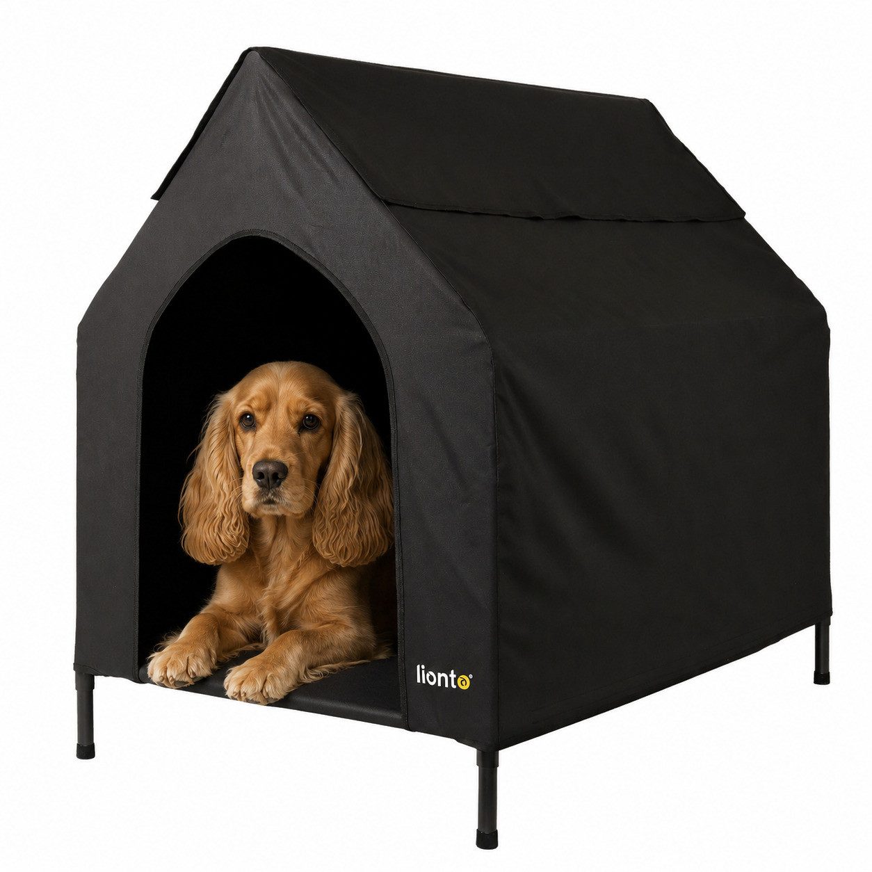 lionto Hundehütte für drinnen & draußen, Hundeliege mit Dach, 90x65x85 cm, schwarz, wetterfester Hundeliegeplatz atmungsaktiv & pflegeleicht