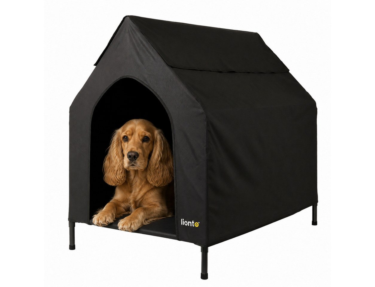 lionto Hundehütte für drinnen & draußen, Hundeliege mit Dach, 90x65x85 cm, schwarz, wetterfester Hundeliegeplatz atmungsaktiv & pflegeleicht