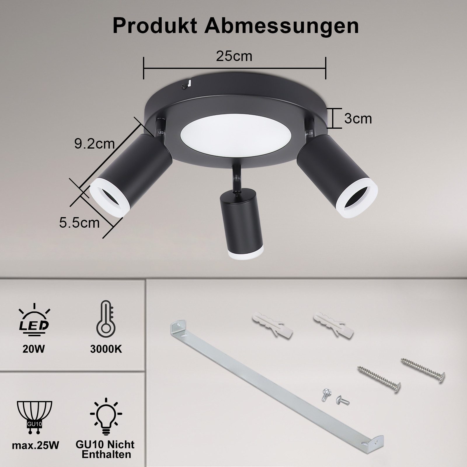 ZMH Deckenstrahler 3 Flammig Schwarz/Weiß GU10 Deckenlampe 20W 3000K für Fl günstig online kaufen