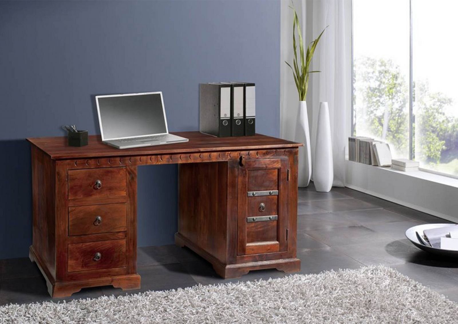 Massivmoebel24 Schreibtisch Schreibtisch Akazie 150x85x76 nougat lackiert OXFORD #420