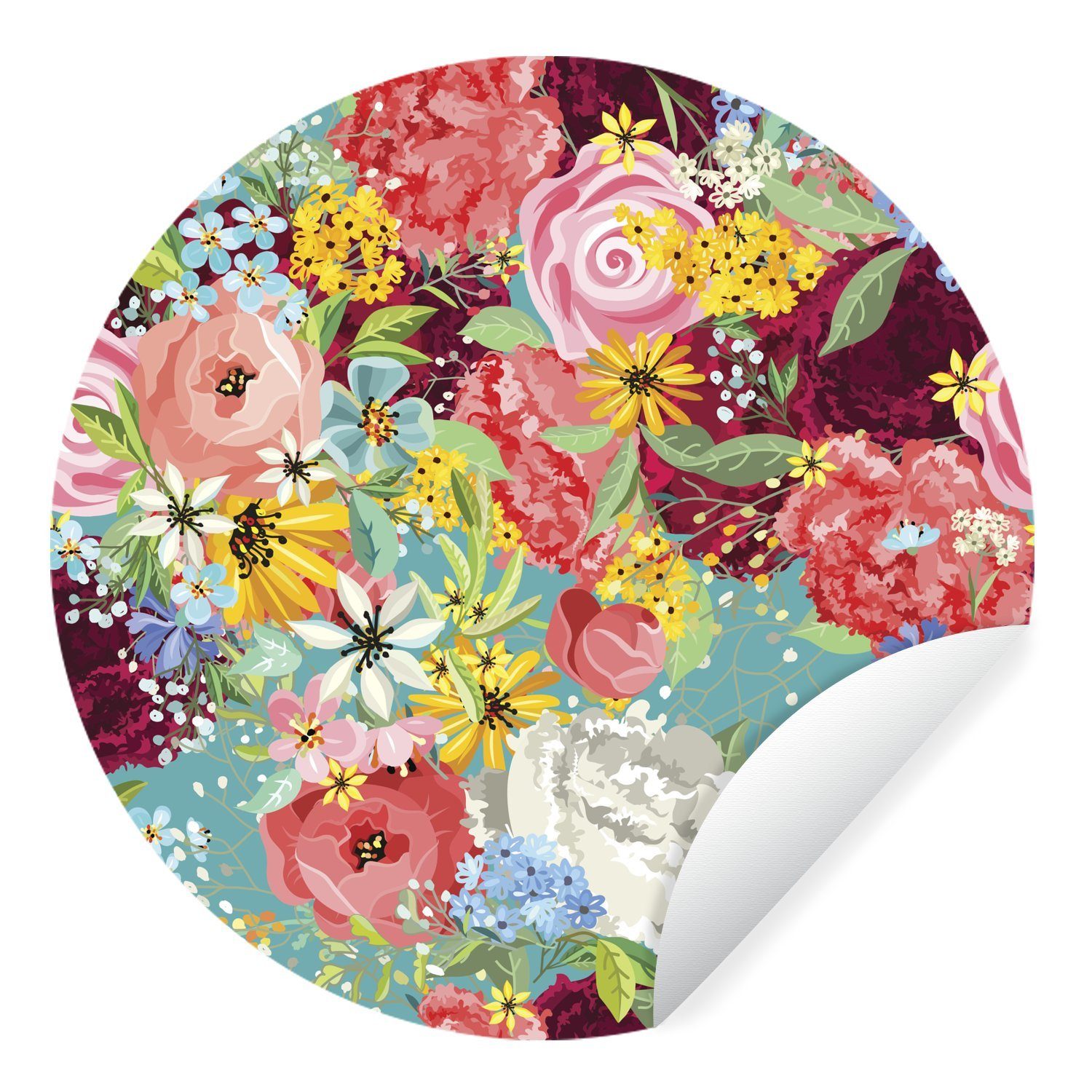 MuchoWow Wandsticker Eine farbenfrohe Illustration mit Blumenmuster (1 St), Tapetenkreis für Kinderzimmer, Tapetenaufkleber, Rund, Wohnzimmer | Wandtattoos