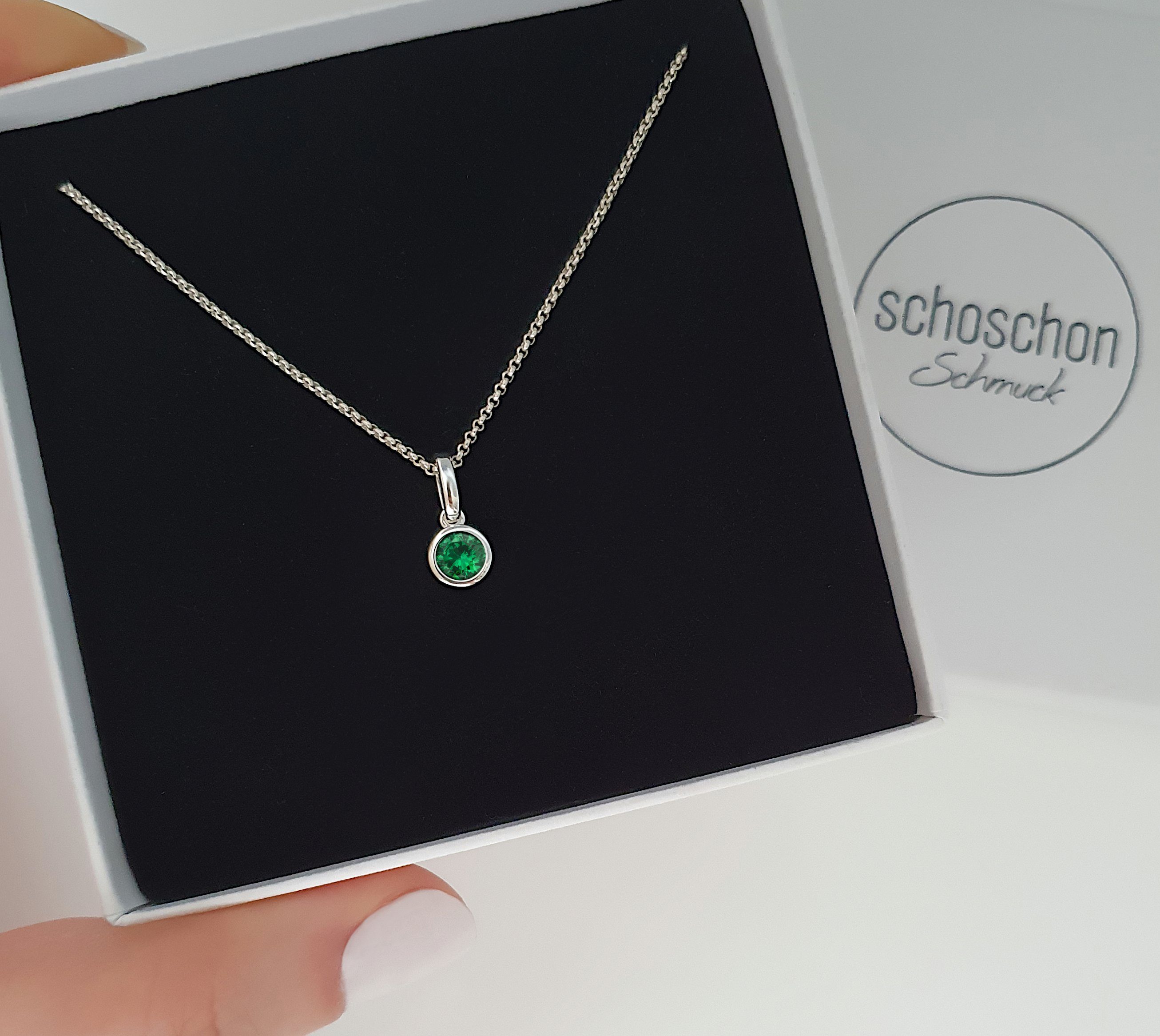 SCHOSCHON Kette mit Anhänger Halskette mit kleinem Zirkon Anhänger Rollokette 925 Silber