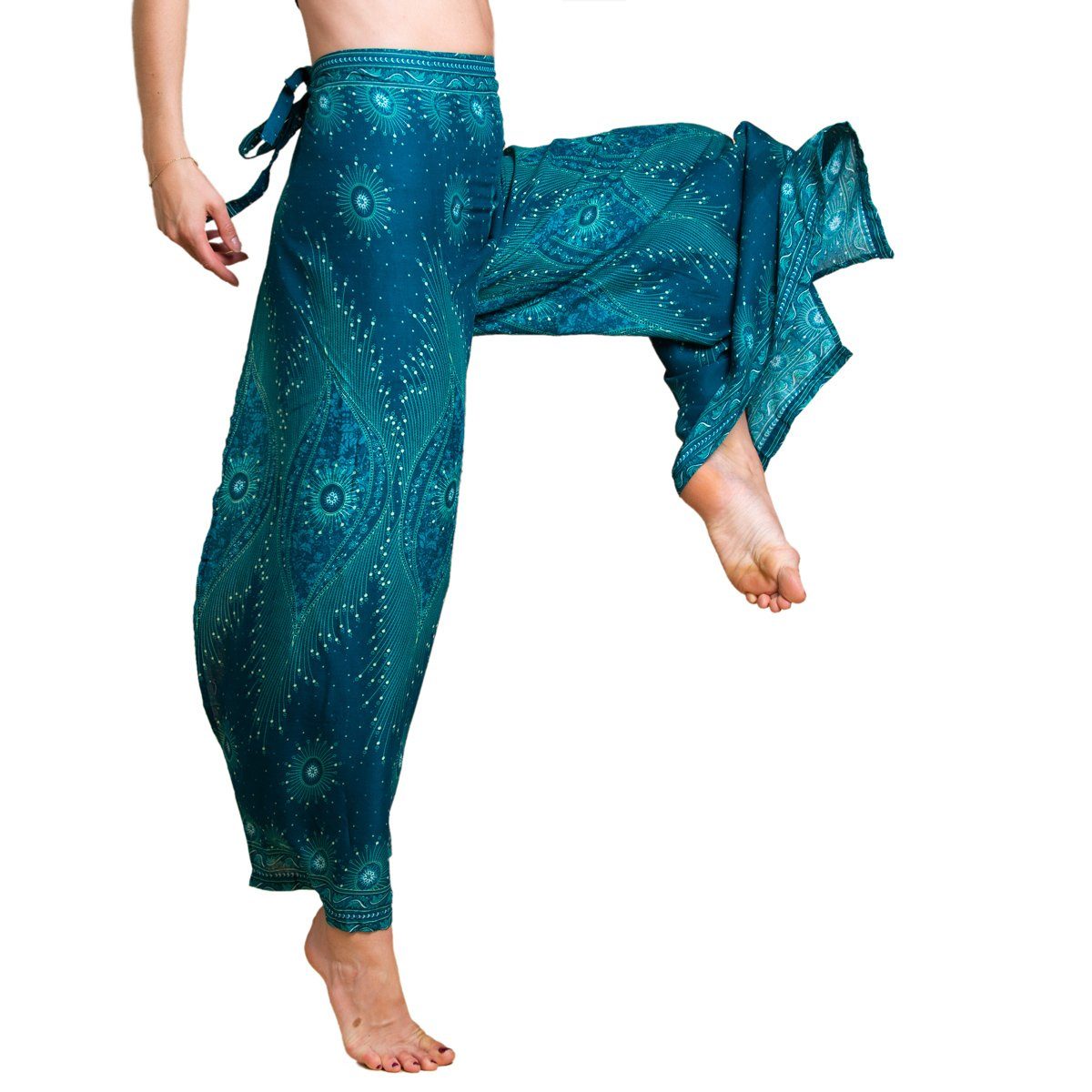 PANASIAM Palazzohose Sunshine Pants Wickelhose aus natürlicher Viskose Palazzohose im Peacock Design langer Boho Hosenrock Haremshose Pareo Hose
