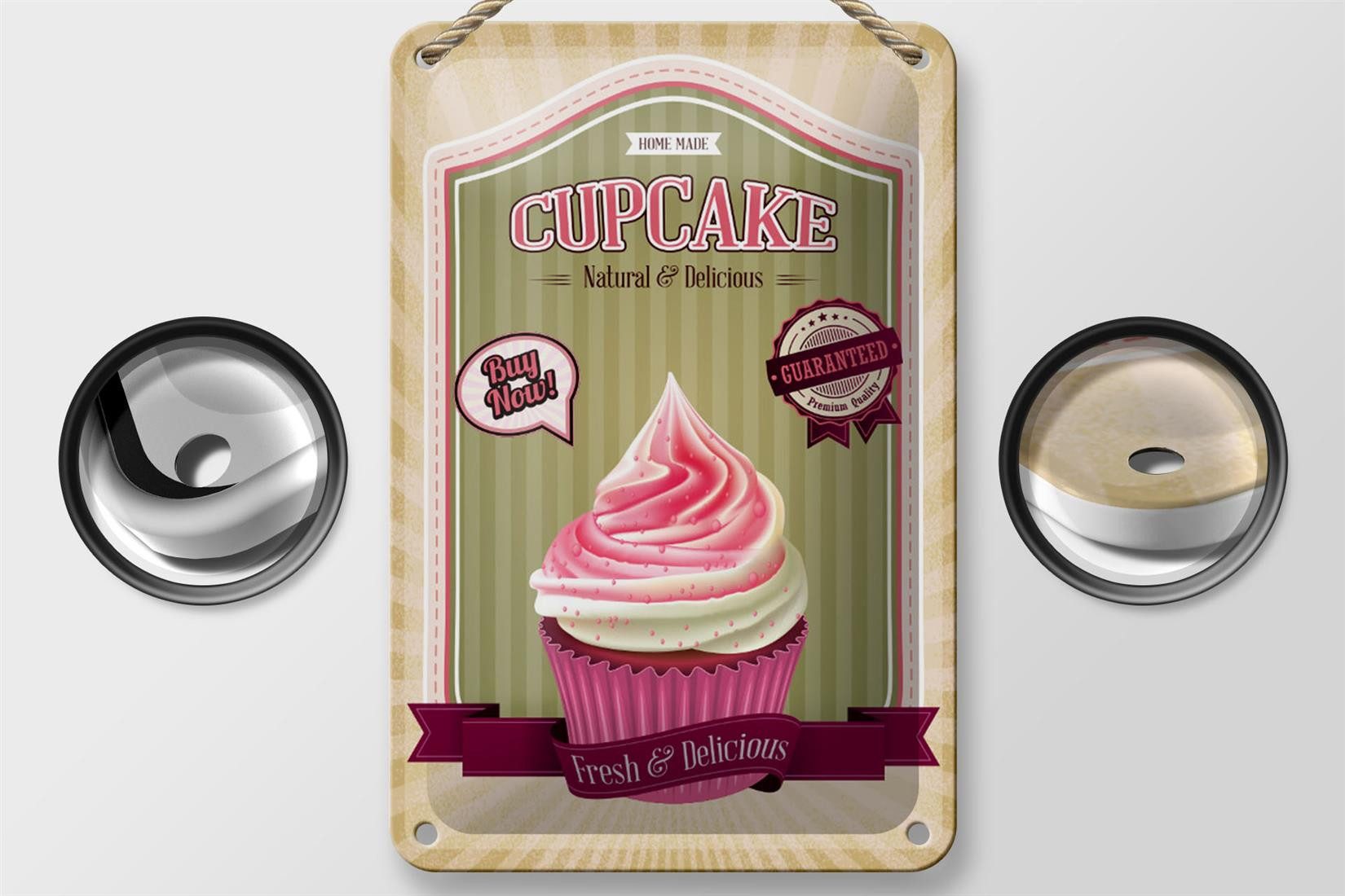 Femer GmbH Metallschild Essen 12x18cm Cupcake natural Delicious home, (1 St), gewölbte Oberfläche, abgerundete Ecken, umgeschlagene Kanten