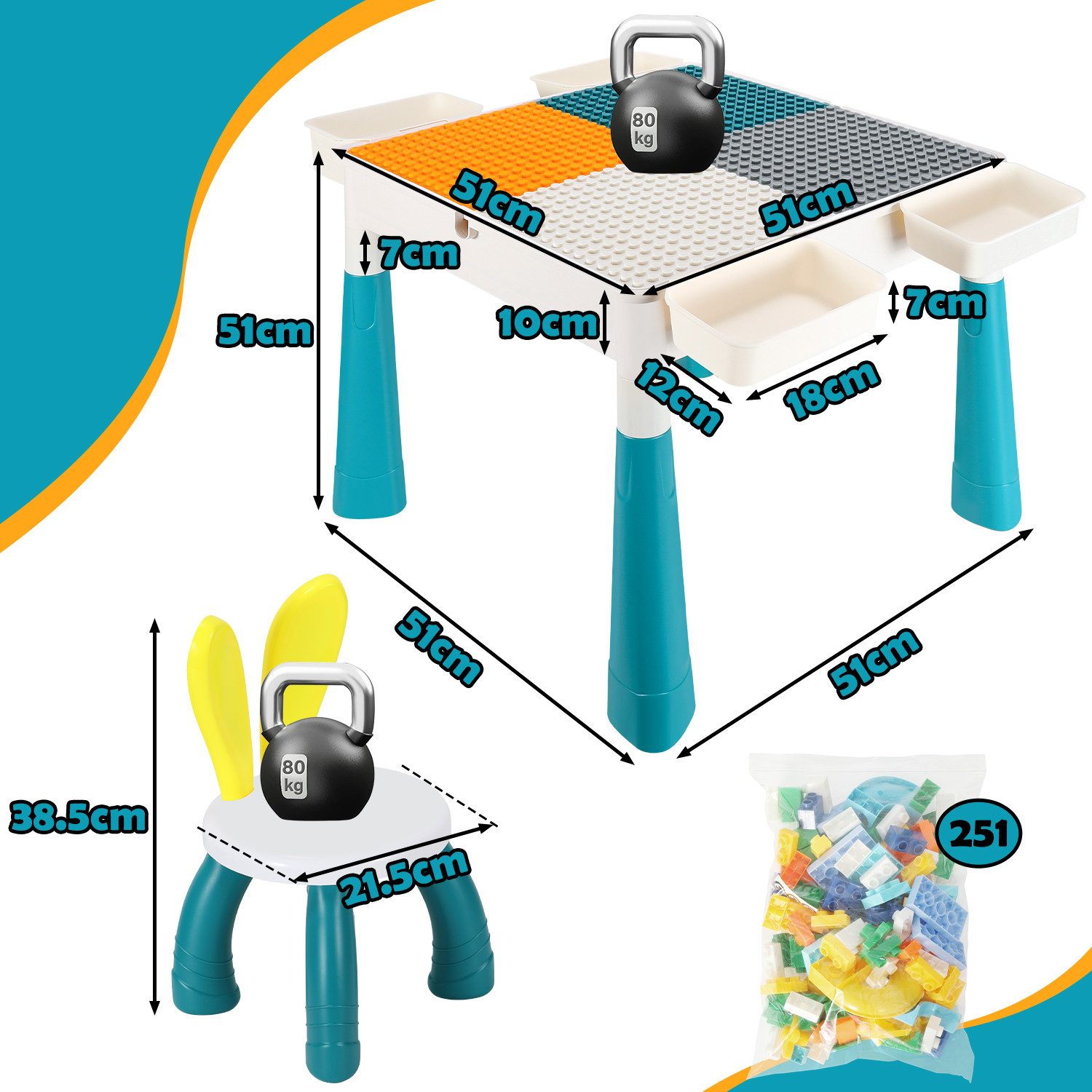 Clanmacy Kindersitzgruppe Kindertisch Spieltisch Kinder mit 251 Bausteine T günstig online kaufen