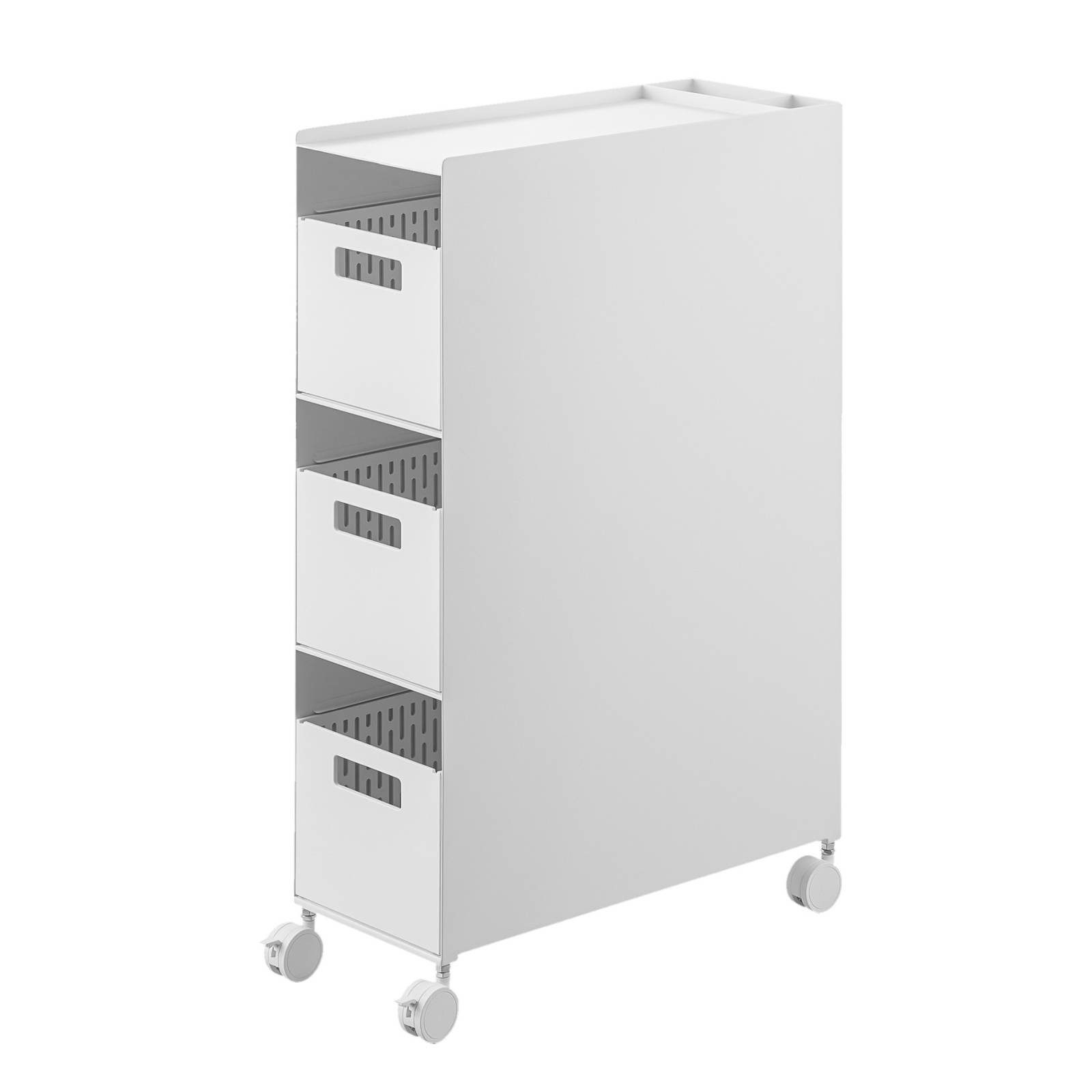 Yamazaki Regal Tower Aufbewahrungsregal 3 Körbe mit Rollen für Wohnzimmer Bad Büro, - 1-tlg., Nischenregal, 2 Fächer auf der Rückseite, Ablage Oberseite