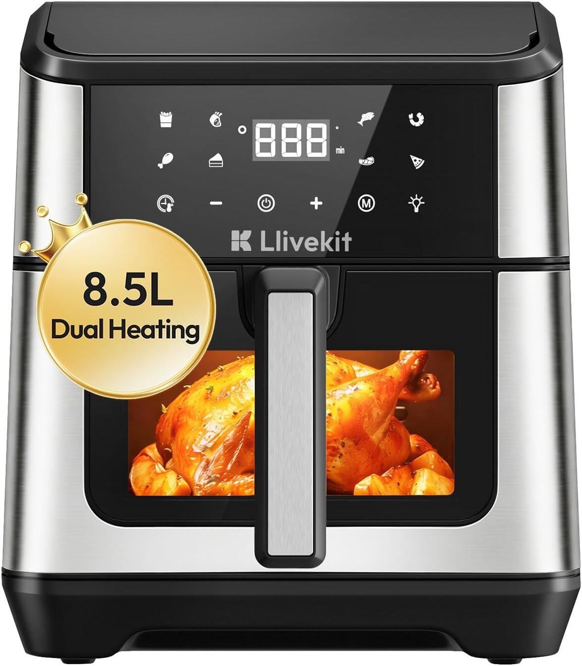 LLIVEKIT Heißluftfritteuse, 1900 W, 8,5L 360° Umluft, mit Doppelheizquelle oben & unten