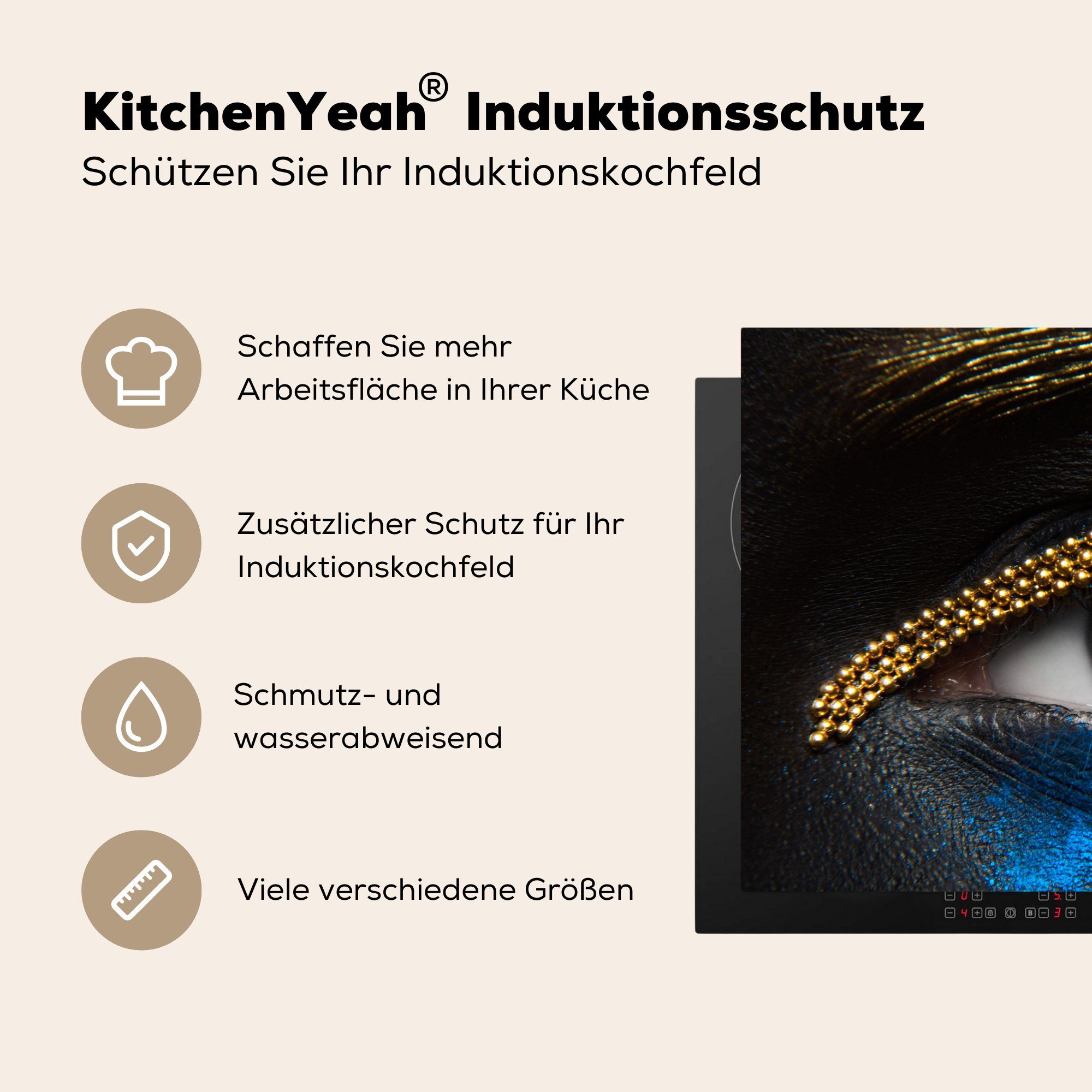 - Luxus Ceranfeldabdeckung (1 Make-up 81x52 Vinyl, Gold, küche, die für - Induktionskochfeld cm, Schutz - Augen Frau - MuchoWow Herdblende-/Abdeckplatte tlg),