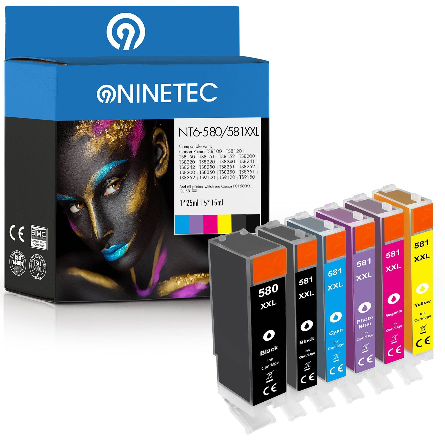 NINETEC 6er Set ersetzt Canon PGI-580 CLI-581 Tintenpatrone
