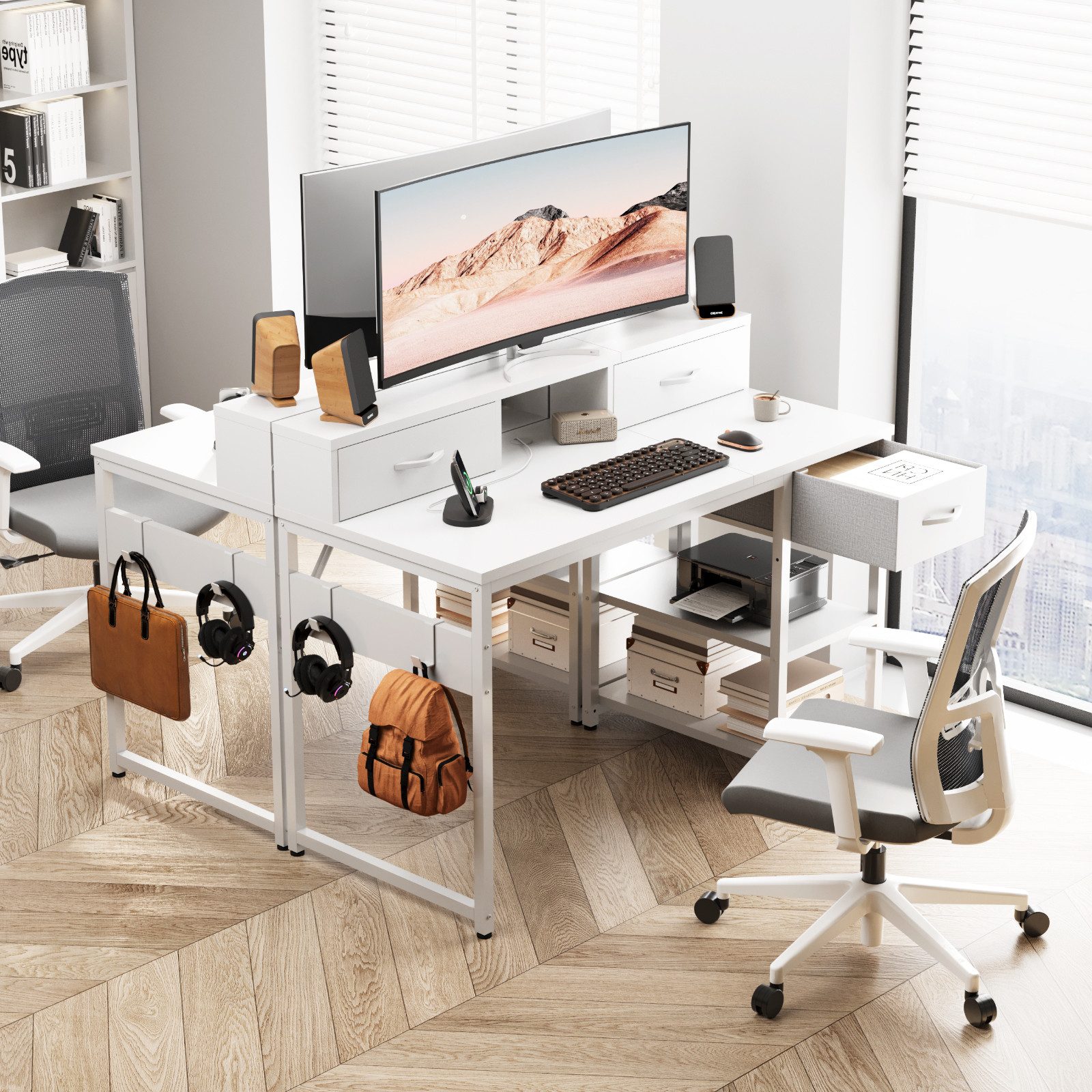HOMALL Schreibtisch Klappbarer Schreibtisch mit Monitorhalterung Gaming-Schreibtisch (1,2 m lang, mit 3 Schubladen und 2 Ablagen, kann sowohl links als auch rechts montiert werden)