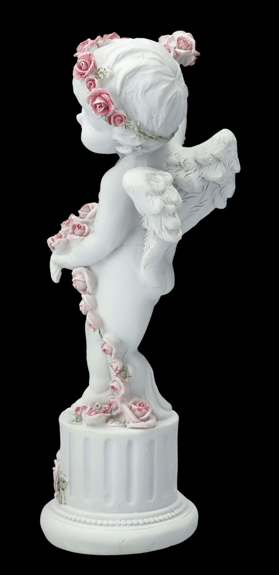Figuren Shop GmbH Dekofigur Engel Figur - Putte mit Rosen auf Säule - Fantasy Dekofigur Cherub