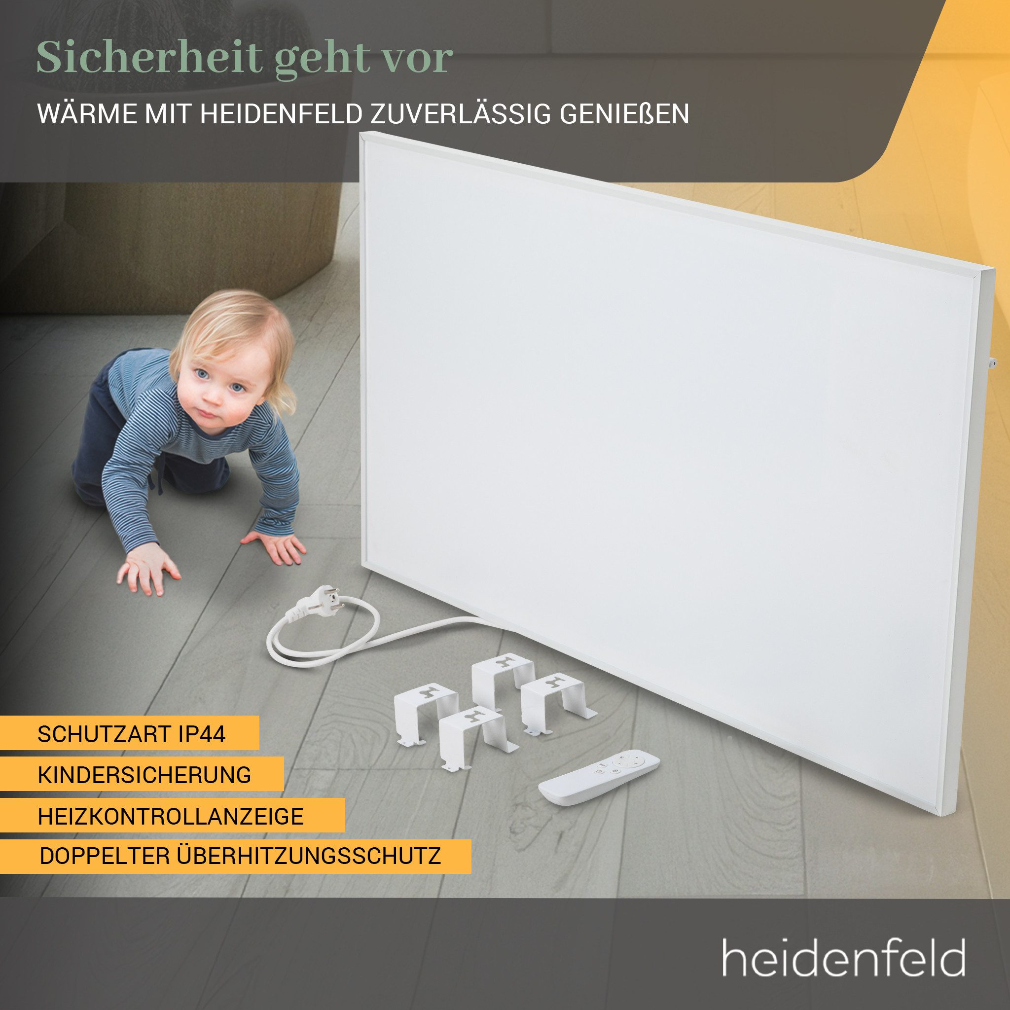 Heidenfeld Infrarotheizung HF-HP140, Elektro Heizung mit App steuerbar, Heizung mit Kindersicherung, Heizpanel mit ECO- & Nachtmodus