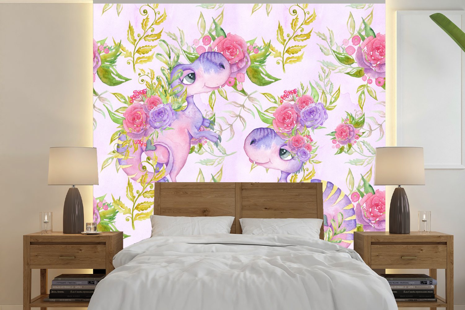 MuchoWow Fototapete Kinderzimmer - Lila - Dinosaurier - Mädchen - Kinder - Rosa, Matt, bedruckt, (5 St), Vinyl Tapete für Wohnzimmer oder Schlafzimmer, Wandtapete