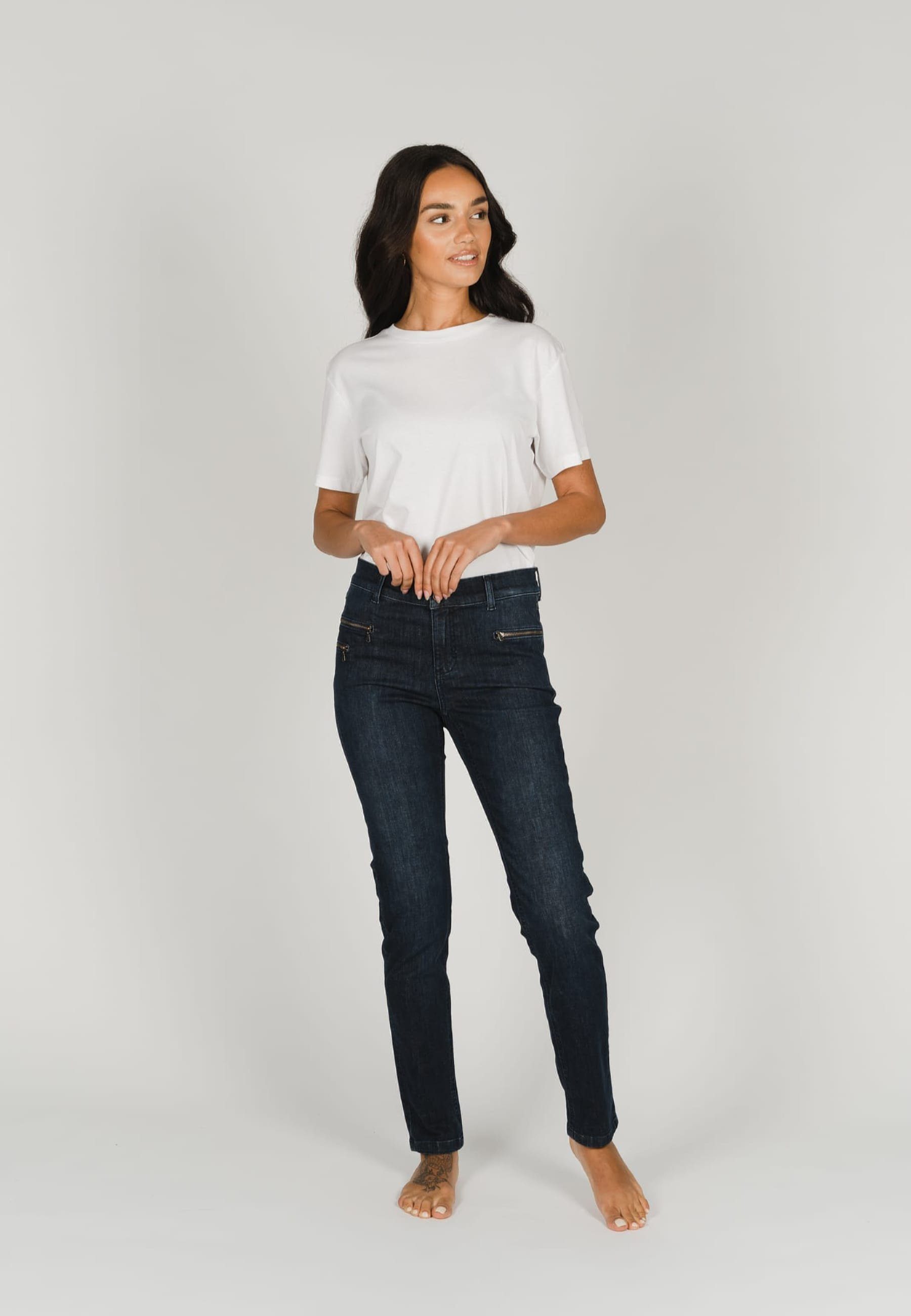 ANGELS Slim-fit-Jeans Jeans Zierreißverschlüssen Label-Applikationen Zip mit mit indigo Malu