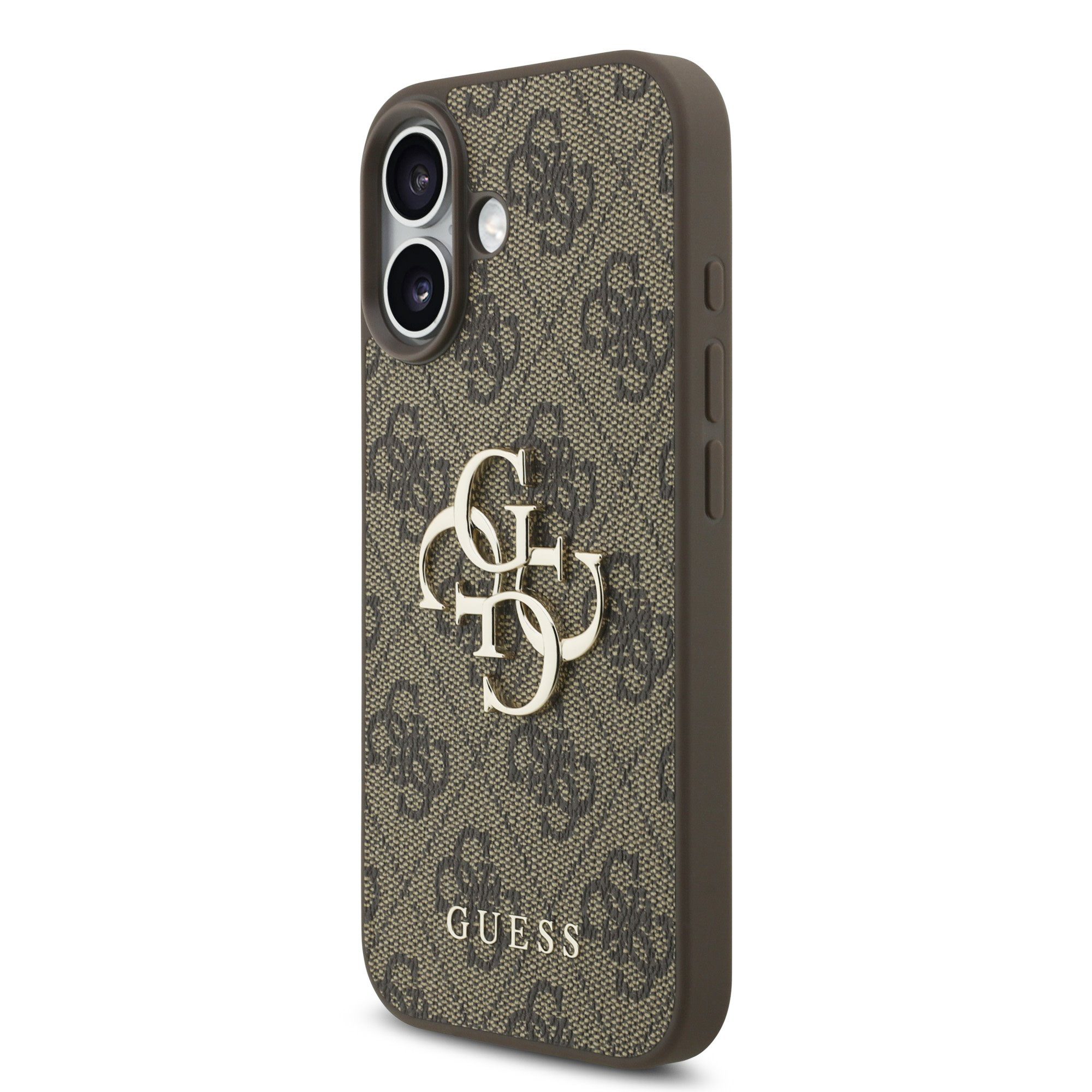 Guess Handyhülle Case iPhone 17 Kunstleder braun Big Logo goldfarbig Kette 6,3 Zoll, Kantenschutz