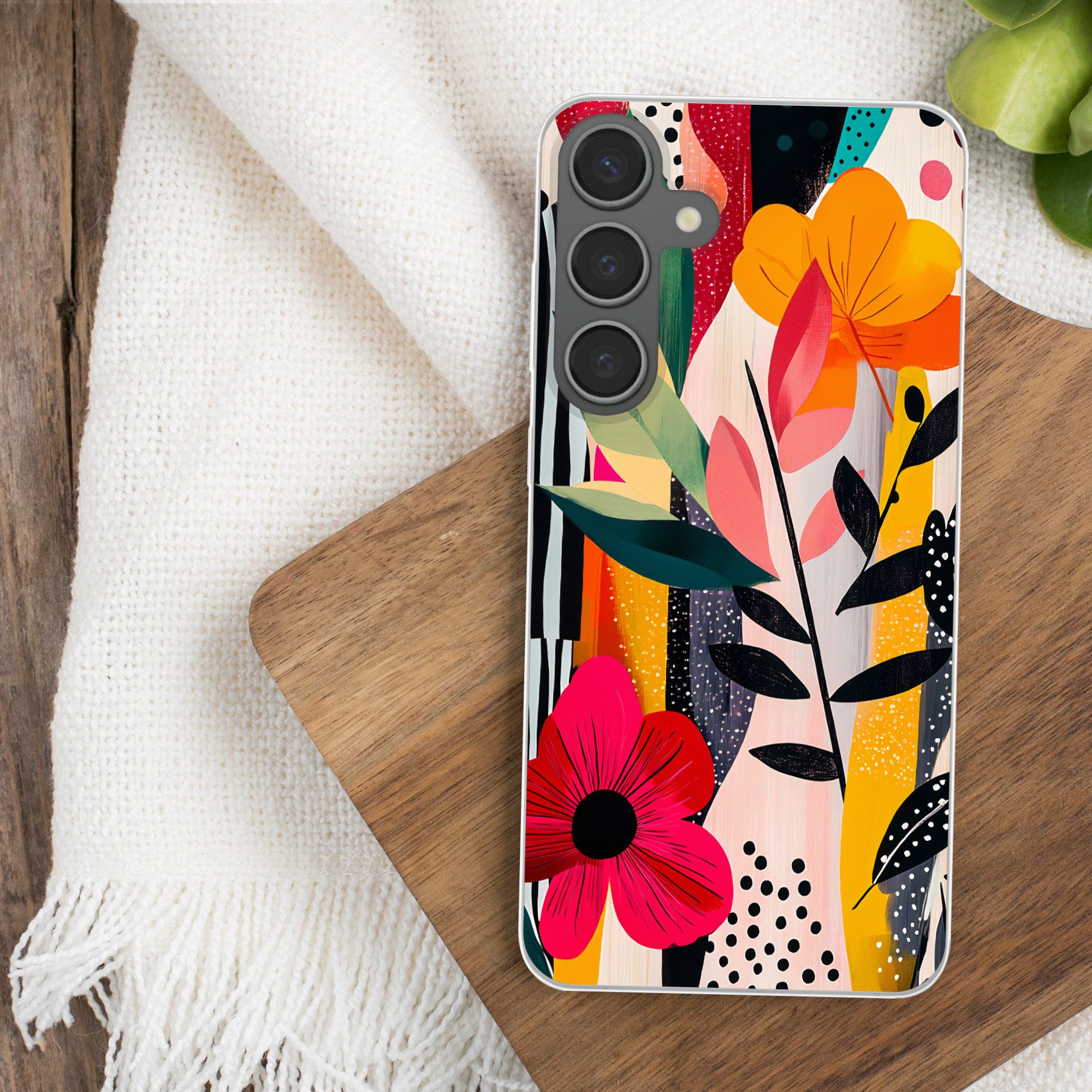 MuchoWow Handyhülle für Samsung Galaxy S24 Plus Blumen - Blätter - Abstrakt - Farbenfroh, Phone Case, Silikon, Schutzhülle Dünn