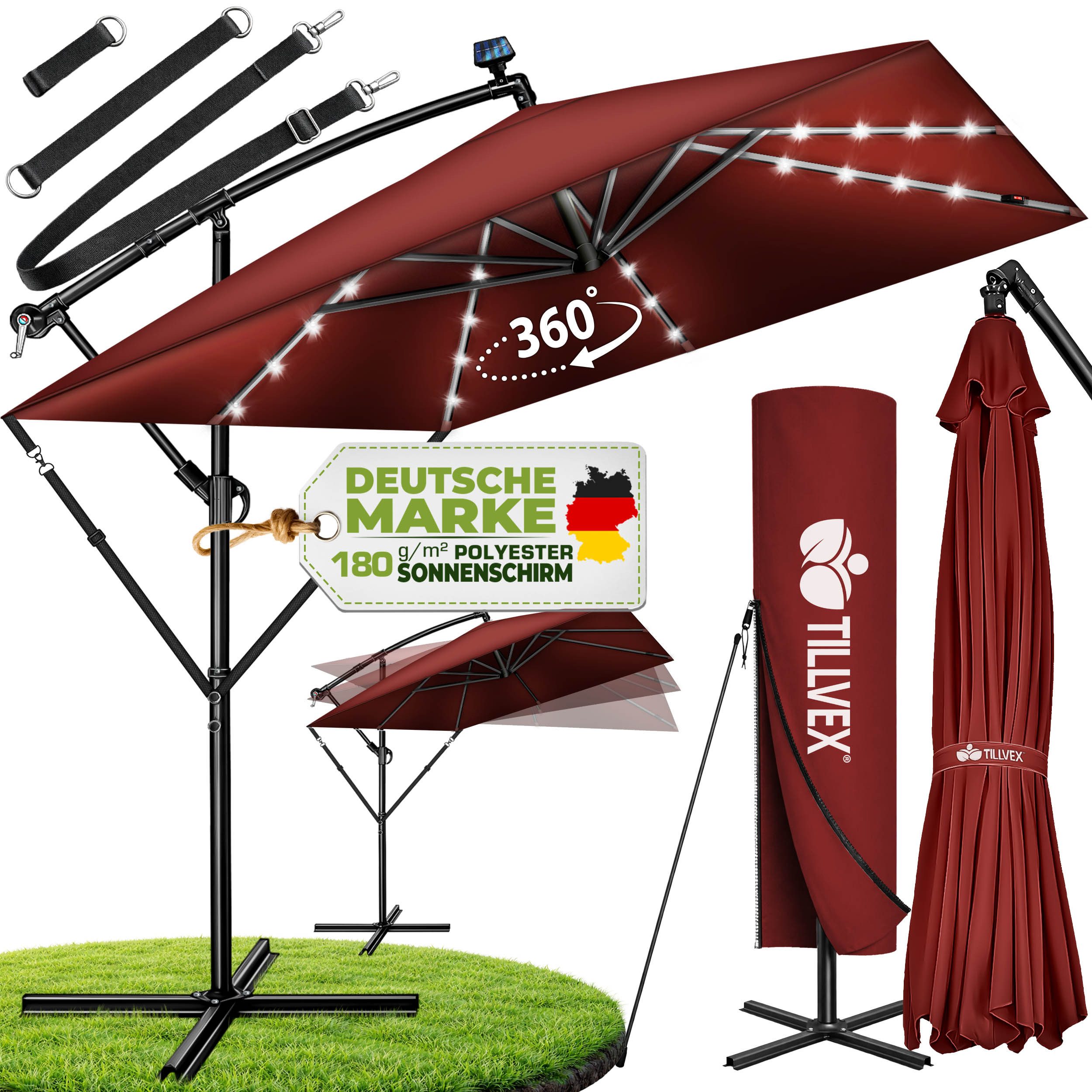 tillvex Sonnenschirm tillvex® Sonnenschirm LED Solar 235 x 235 cm Ampelschirm Gartenschirm, Kurbelschirm Marktschirm wasserdicht 360° drehbar, mit Kurbel & Windschutz Gartenschirm Aluminium, Alu Ampelschirm Ø330 cm Rechteckig mit LED Solar + Abdeckung