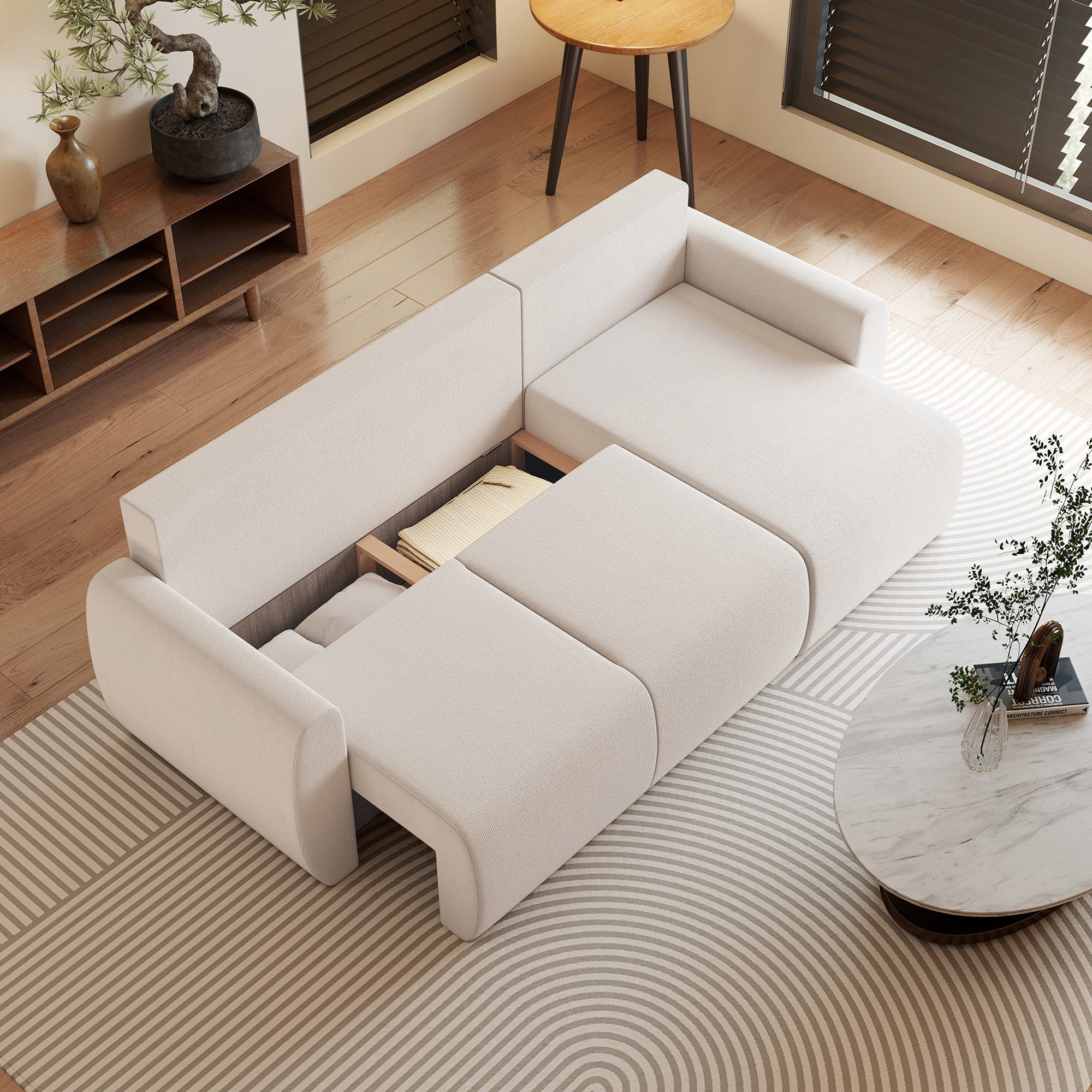 HOMCOM Schlafsofa Ecksofa L-Form mit Kissen, aus Veloursbezug Schlafcouch, 3 Sitzer Sofa 1 Teile, mit Bettfunktion, reversible Chaiselongue, Stauraum