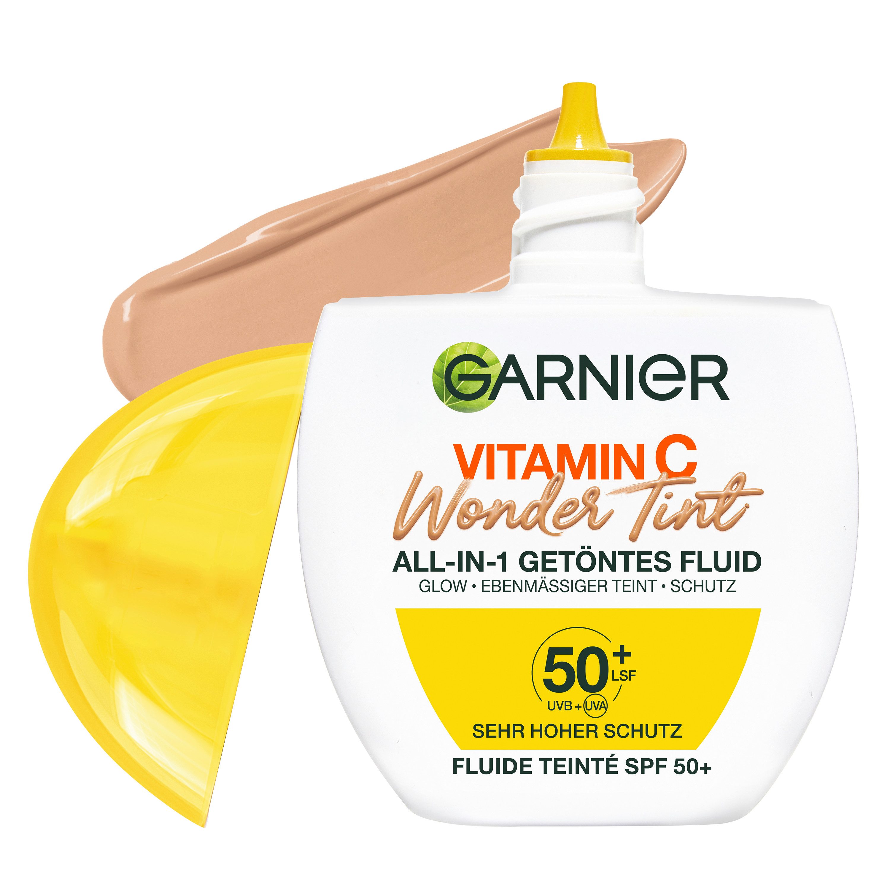 GARNIER Getönte Gesichtscreme Garnier Vitamin C Wonder Tint All-In-1 Getöntes Fluid, mit LSF 50+, Fluid-Textur, nicht fettende und nicht klebende Formel