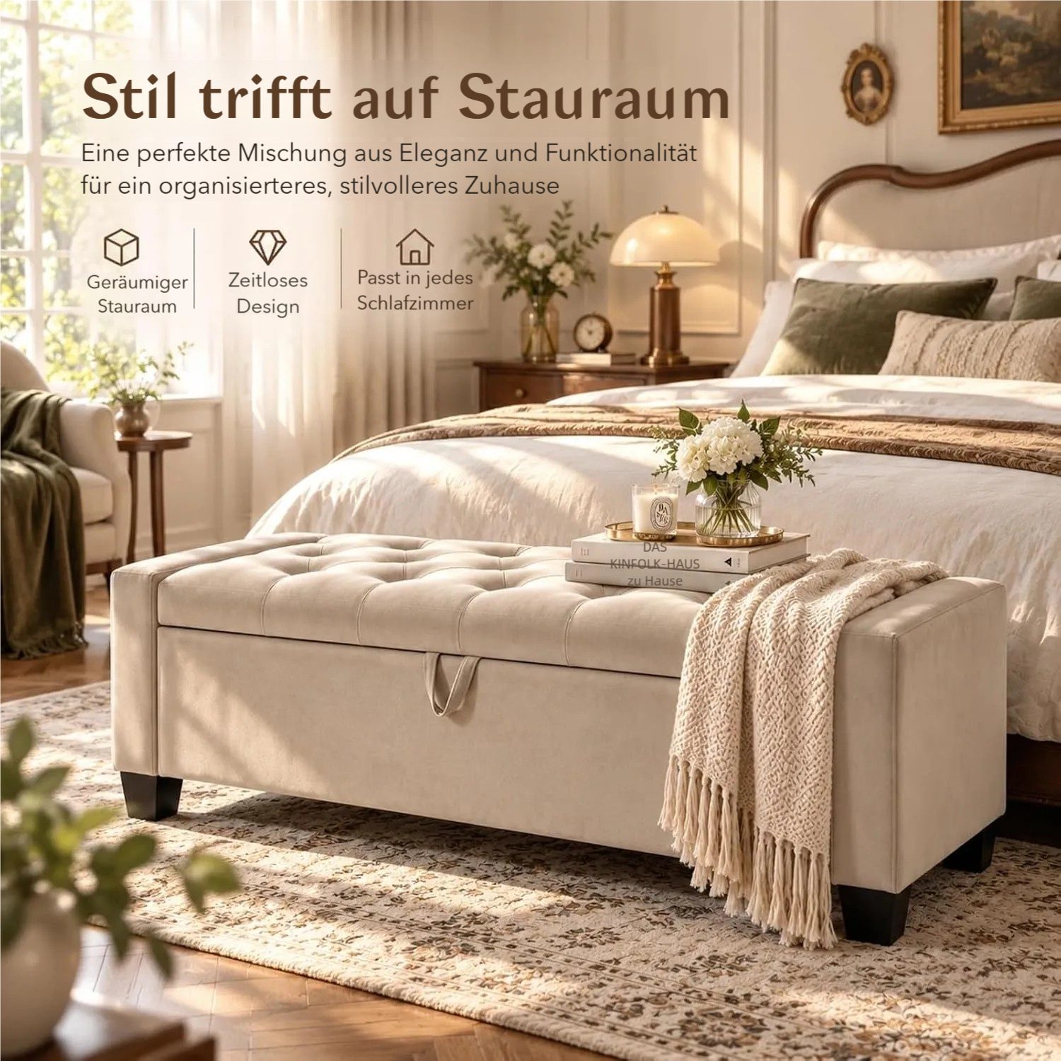 TLGREEN Bettbank Samt Sitzbank mit Stauraum,123x49x42 cm Aufbewahrungsbank, (bis 200 kg belastbar), für Wohnzimmer Schlafzimmer Flur – Bild 3 von 5