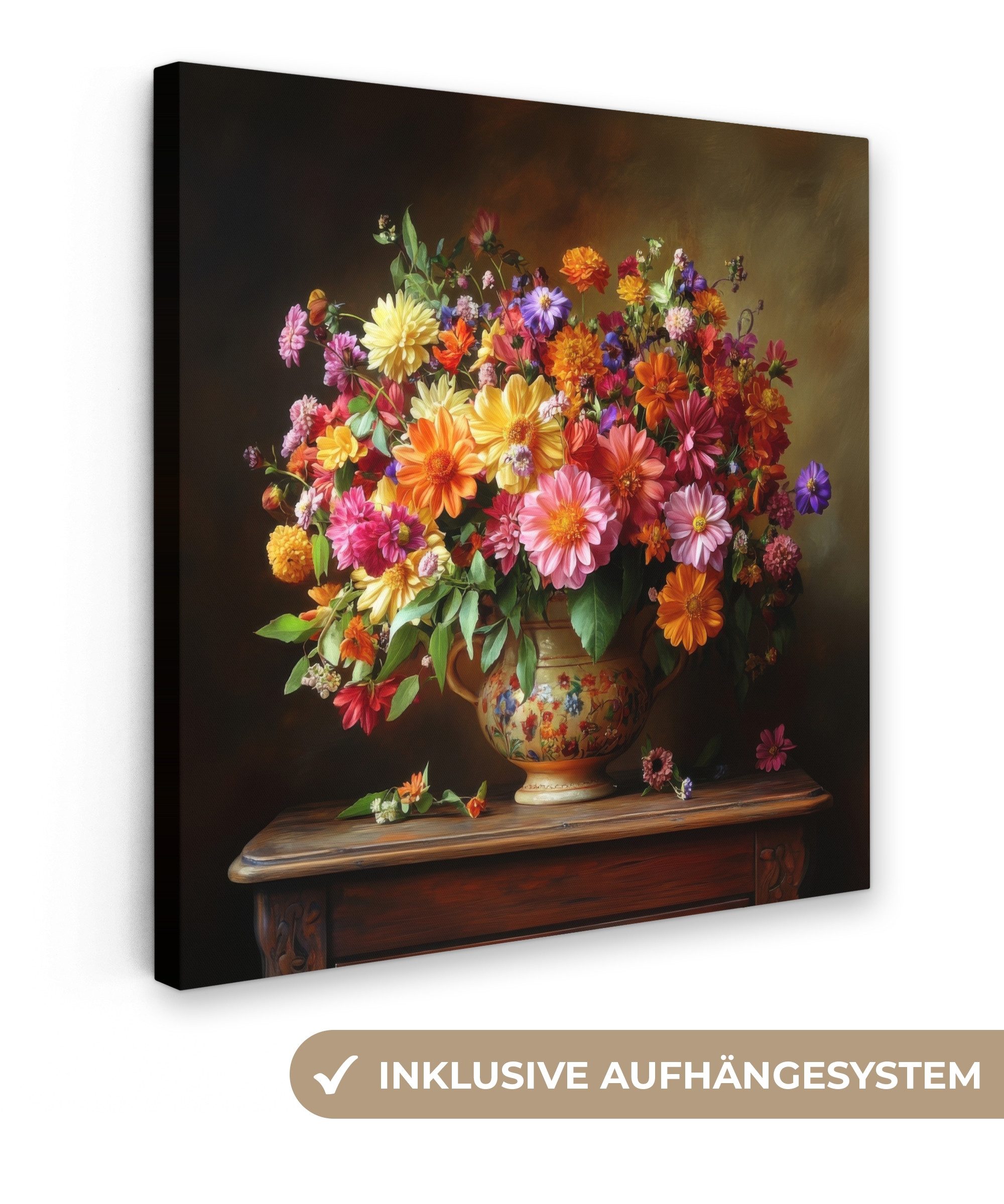 OneMillionCanvasses® Leinwandbild Farben - Blumenstrauß - Vase - Holz, Fotodruck (1 St), Wandbild, Deko Schlafzimmer Wohnzimmer Flur 20x20 cm