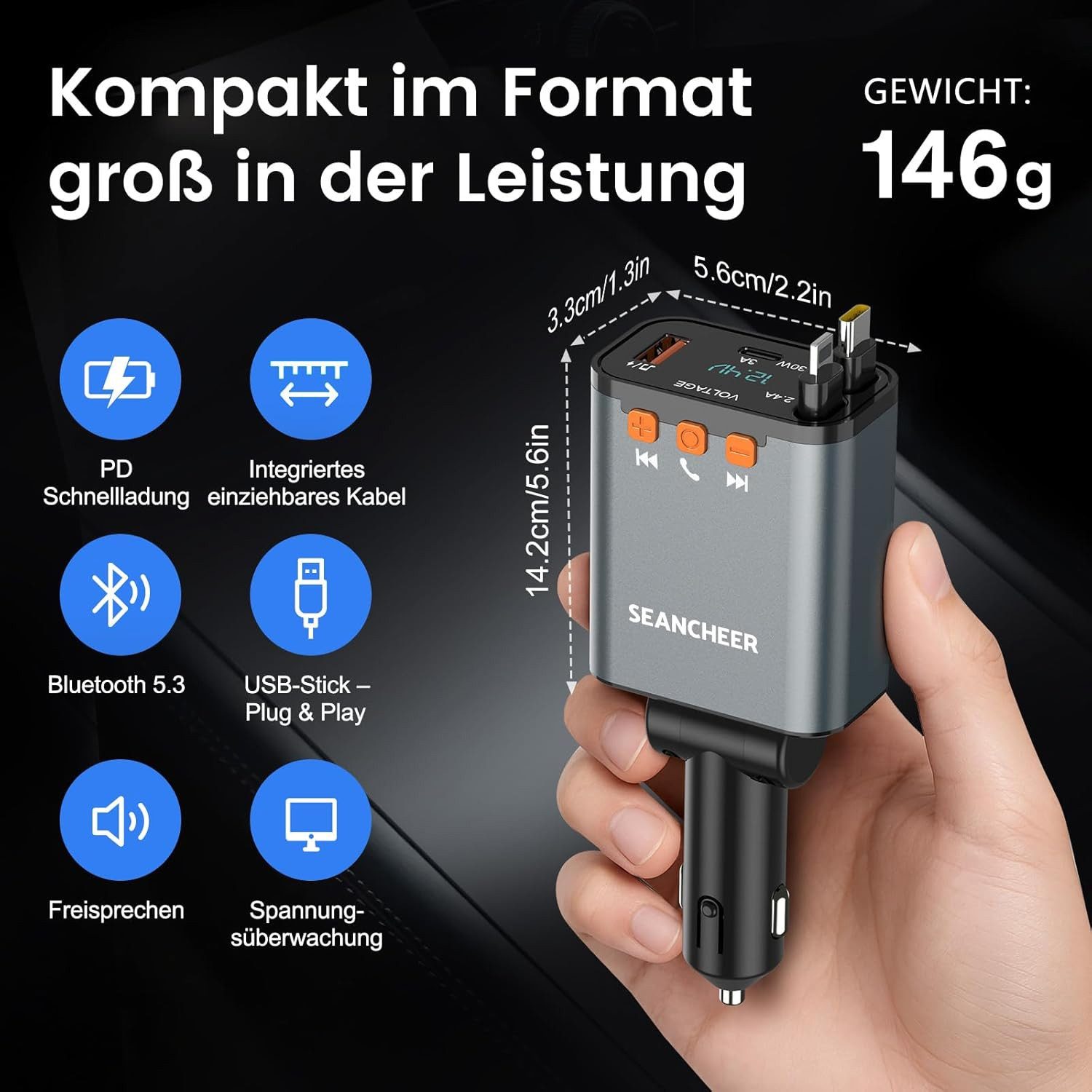 TUWENA Bluetooth & Cigarette Lighter Car Charger with 2 Retractable Cables, FM Transmitter, 24V/12V USB-C