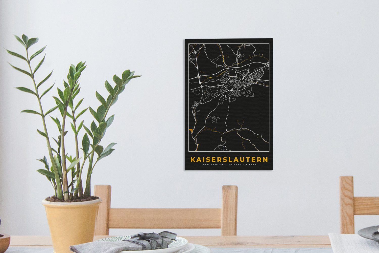 OneMillionCanvasses® Leinwandbild Kaiserslautern - Stadtplan cm Karte (1 bespannt Deutschland, - St), - Zackenaufhänger, Gemälde, - Schwarz Leinwandbild und 20x30 Gold fertig inkl