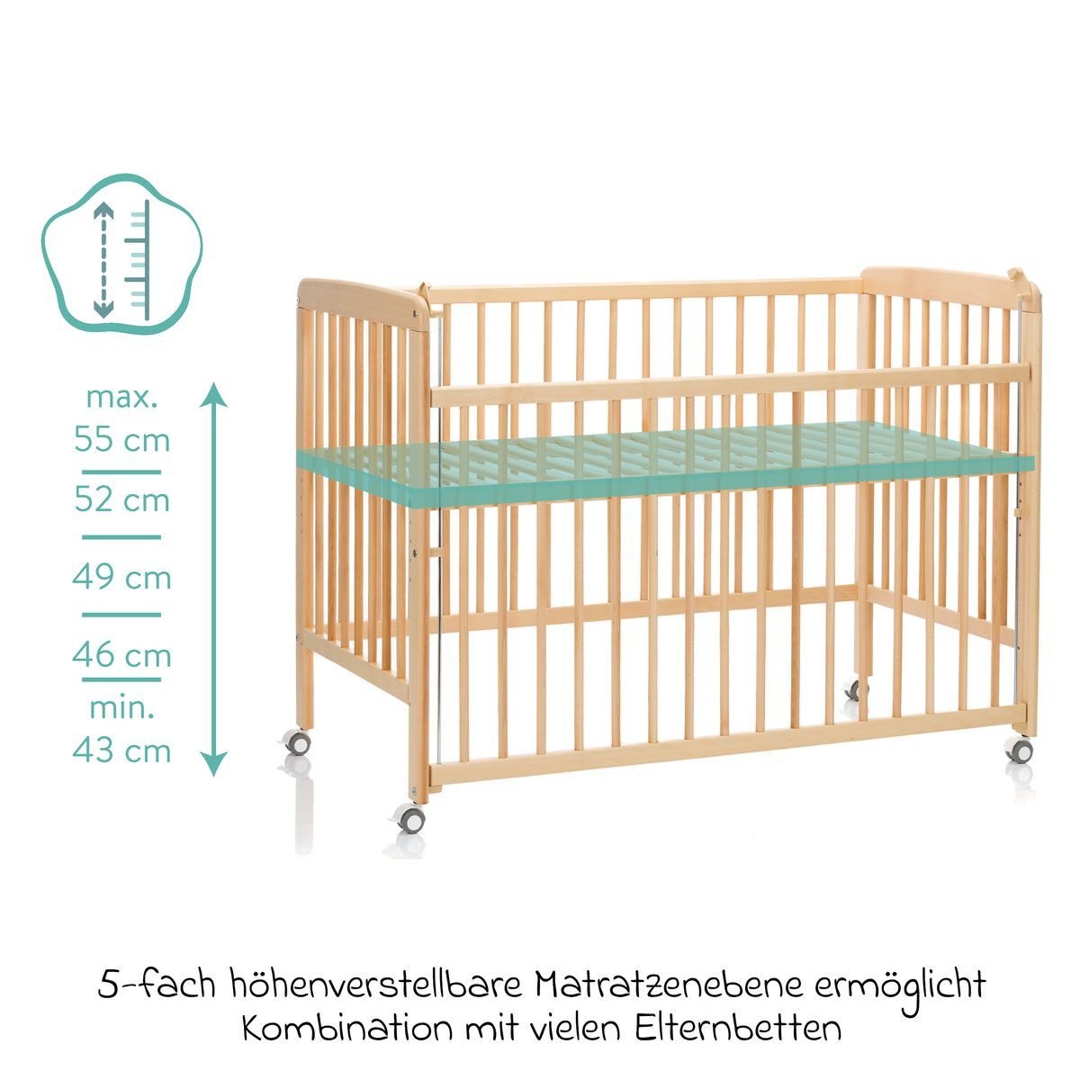 Fillikid Beistellbett Nena 60 x 120 cm - Natur, Beistellgitterbett Baby Bett Stubenwagen höhenverstellbar mit 4 Rollen