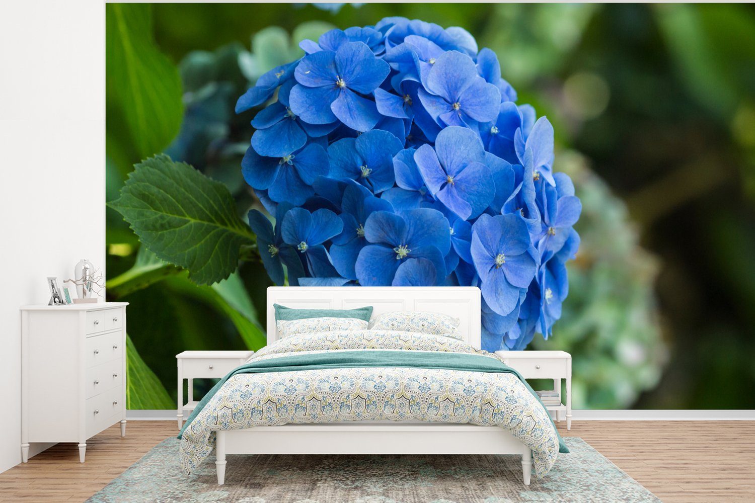MuchoWow Fototapete Blaue Hortensienblüte in einem Garten, Matt, bedruckt, (6 St), Wallpaper für Wohnzimmer, Schlafzimmer, Kinderzimmer, Vinyl Tapete