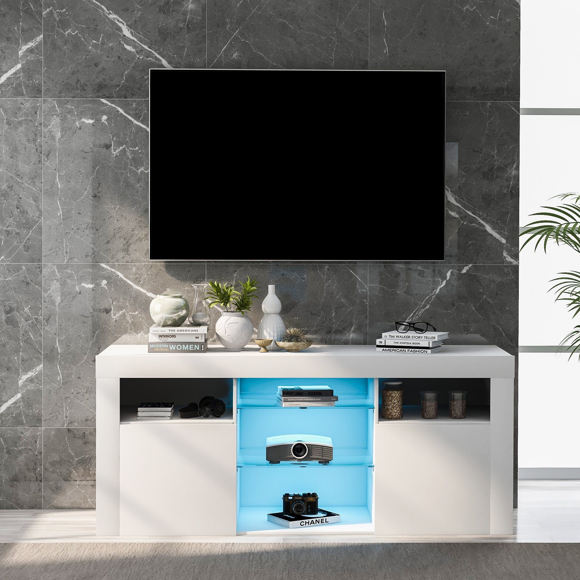 Odikalo TV-Schrank TV-Tisch,TV-Ständer, Regalen, Schränken, 2 LED, 16 Farben offen weiß 5