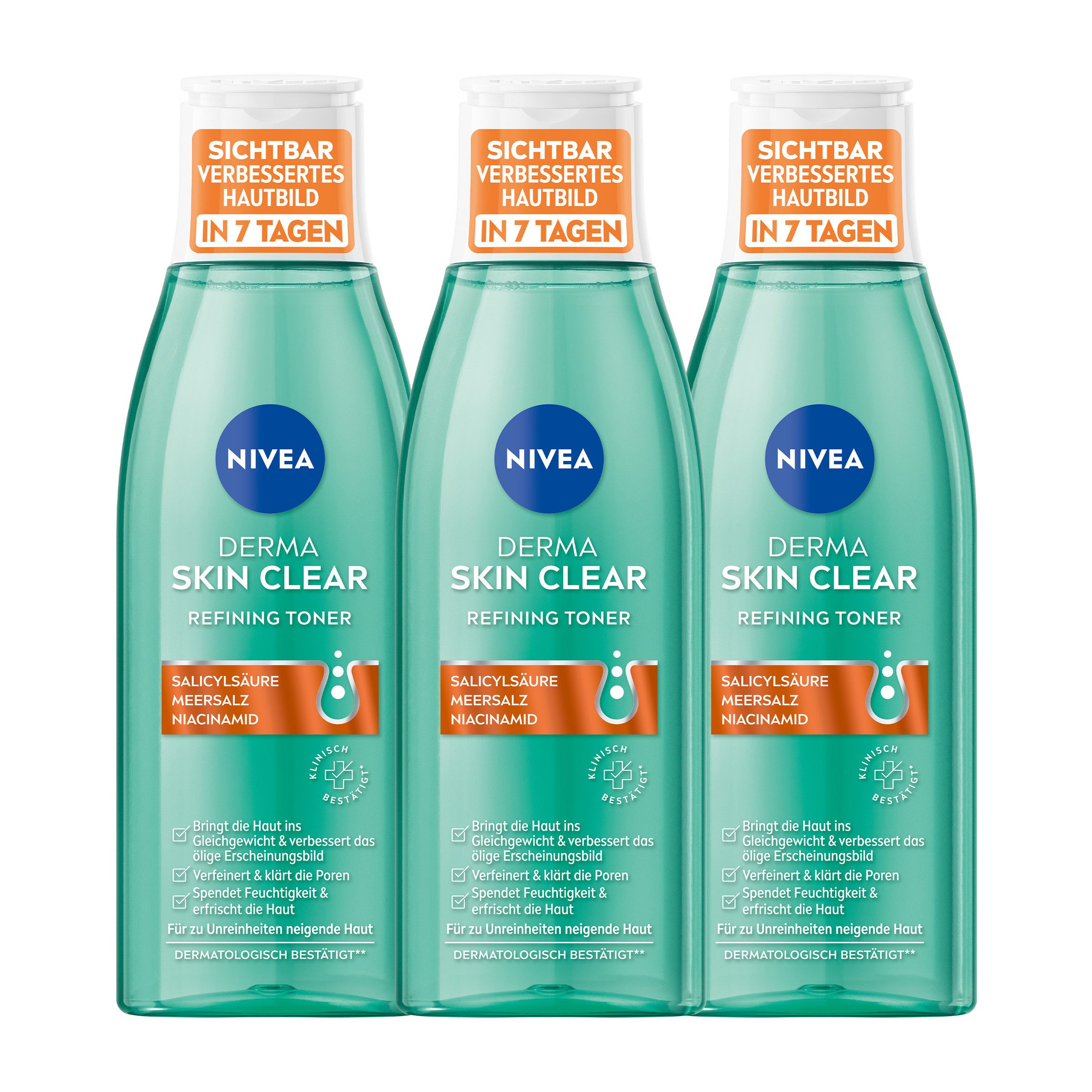Nivea Gesichtspflege 3 x Derma Skin Clear Refining Toner 200 ml Set, 3-tlg.