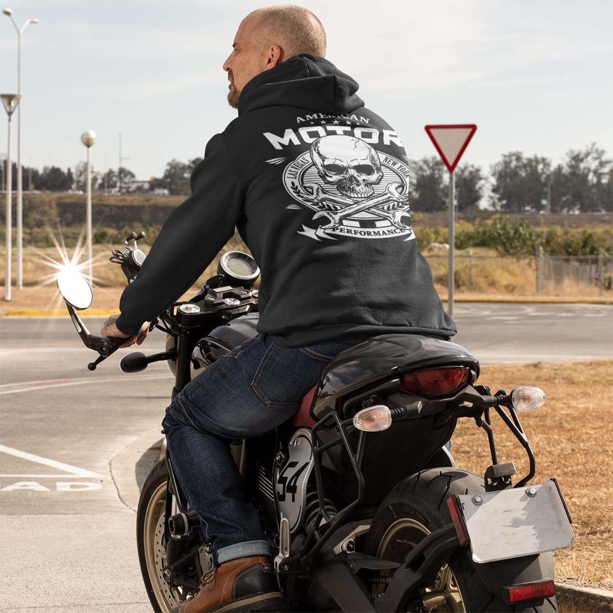 Hoodie / On Wheels American Motor Kapuzensweatjacke Zip Rebel mit Kapuzenjacke, Dunkel Biker Motorrad Motiv Rot