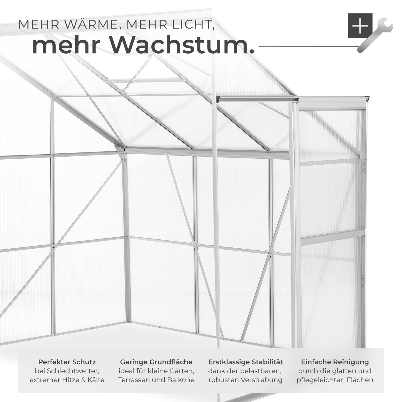 tectake Gewächshaus Anlehngewächshaus aus Aluminium ohne Fundament 192x128x202cm, 0,40 mm Wandstärke, Set, 192 x 128 x 202 cm, 4,09 m³, ohne Fundament