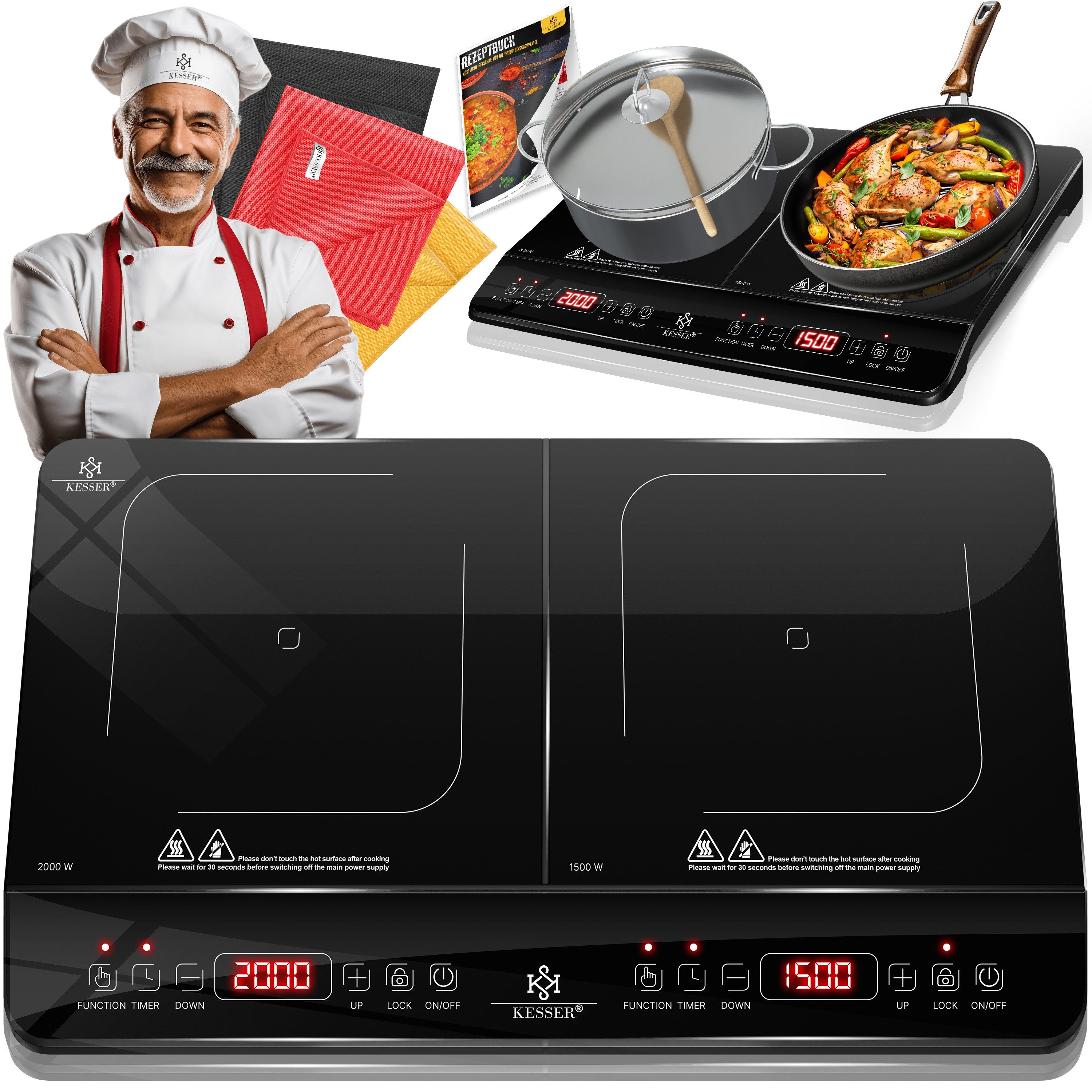 KESSER Einzelkochplatte Induktionskochplatte mit 8 Heizstufen 3x Mikrofasertücher & Rezeptbuch, tragbare Kochplatte 57cm mit Timer, Touch-Steuerung, Booster 220-240V