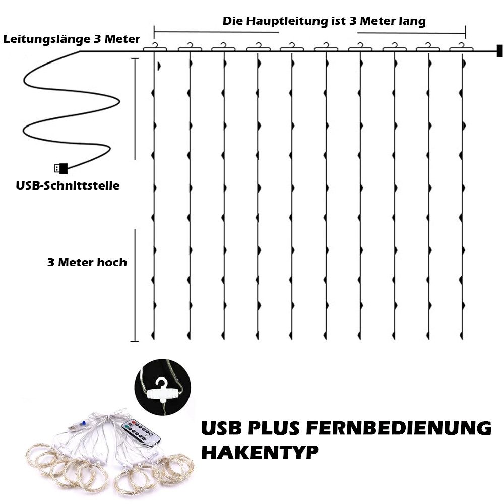 TUWENA LED-Lichterkette Lichtervorhang 3x3m LED Lichterkette, 300 LED Licht günstig online kaufen