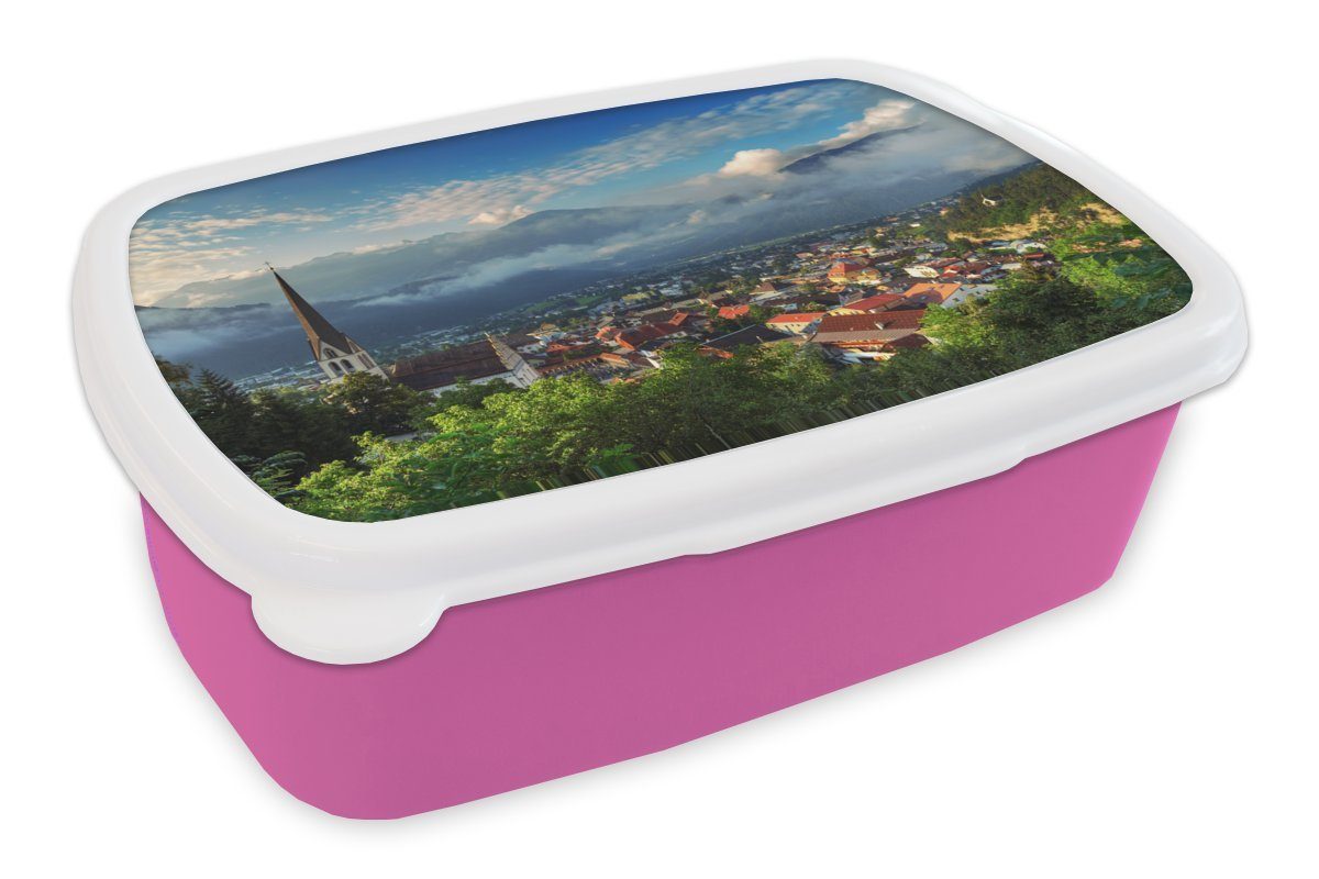 MuchoWow Lunchbox Tirol - Stadt - Wolken, Kunststoff, (2-tlg), Brotbox für Erwachsene, Brotdose Kinder, Snackbox, Mädchen, Kunststoff rosa