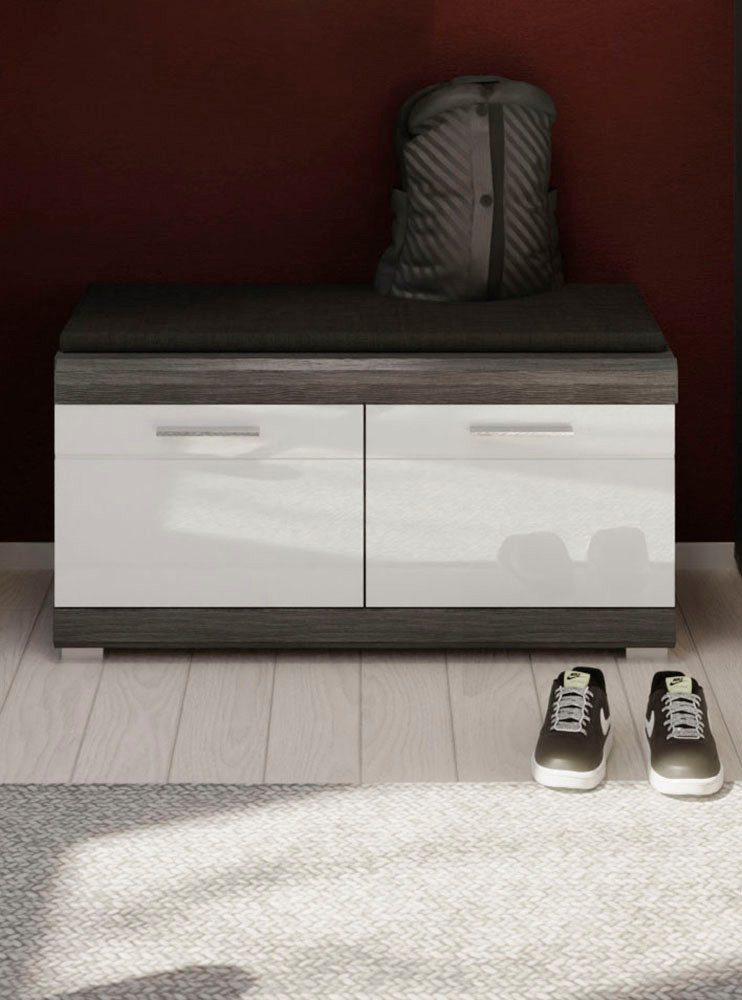 Home affaire Sitzbank SIENA, Breite 90 cm, 2 Türen, 2 Einlegeböden, 4 Fächer (1-St., hochwertige Rillenfräsung in MDF Front), Garderobenbank, Dielenbank, Bank, Flurbank, Kommode