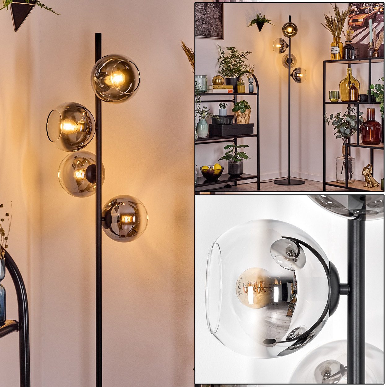 Stehlampe Stehlampe aus Metall/Glas in Schwarz/Chrom/Rauch/Klar, Retro-Design