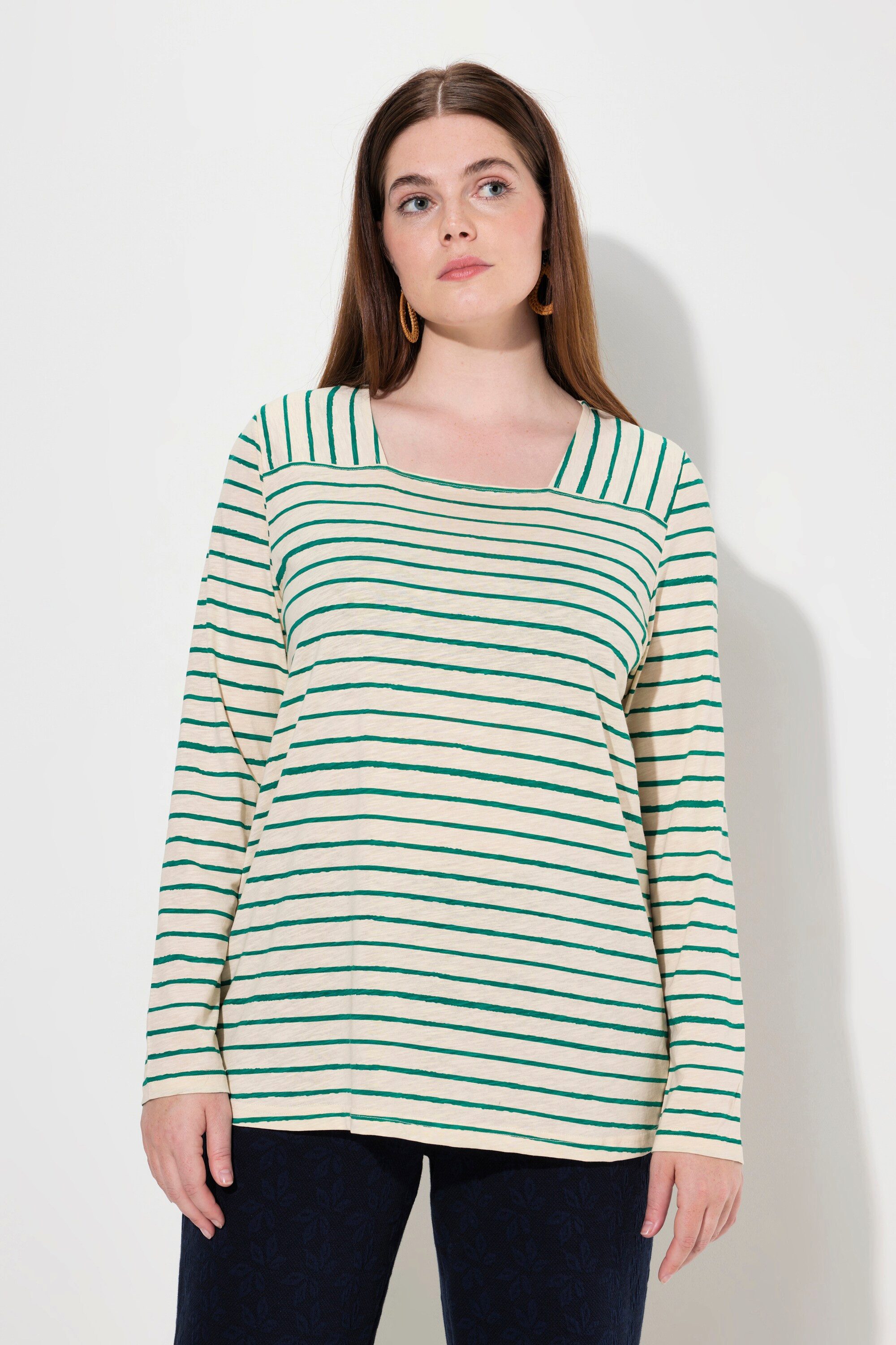 Ulla Popken T-Shirt Shirt Ringel Carree-Ausschnitt Langarm