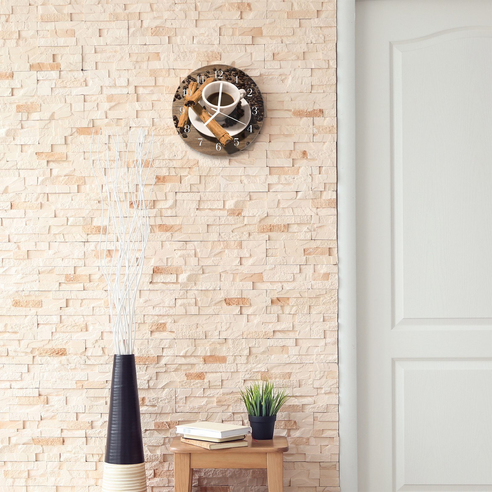 Primedeco Wanduhr Wanduhr mit Kaffeetasse Motiv aus 30 - mit Rund cm Glas Zimtstangen Durchmesser mit und Quarzuhrwerk