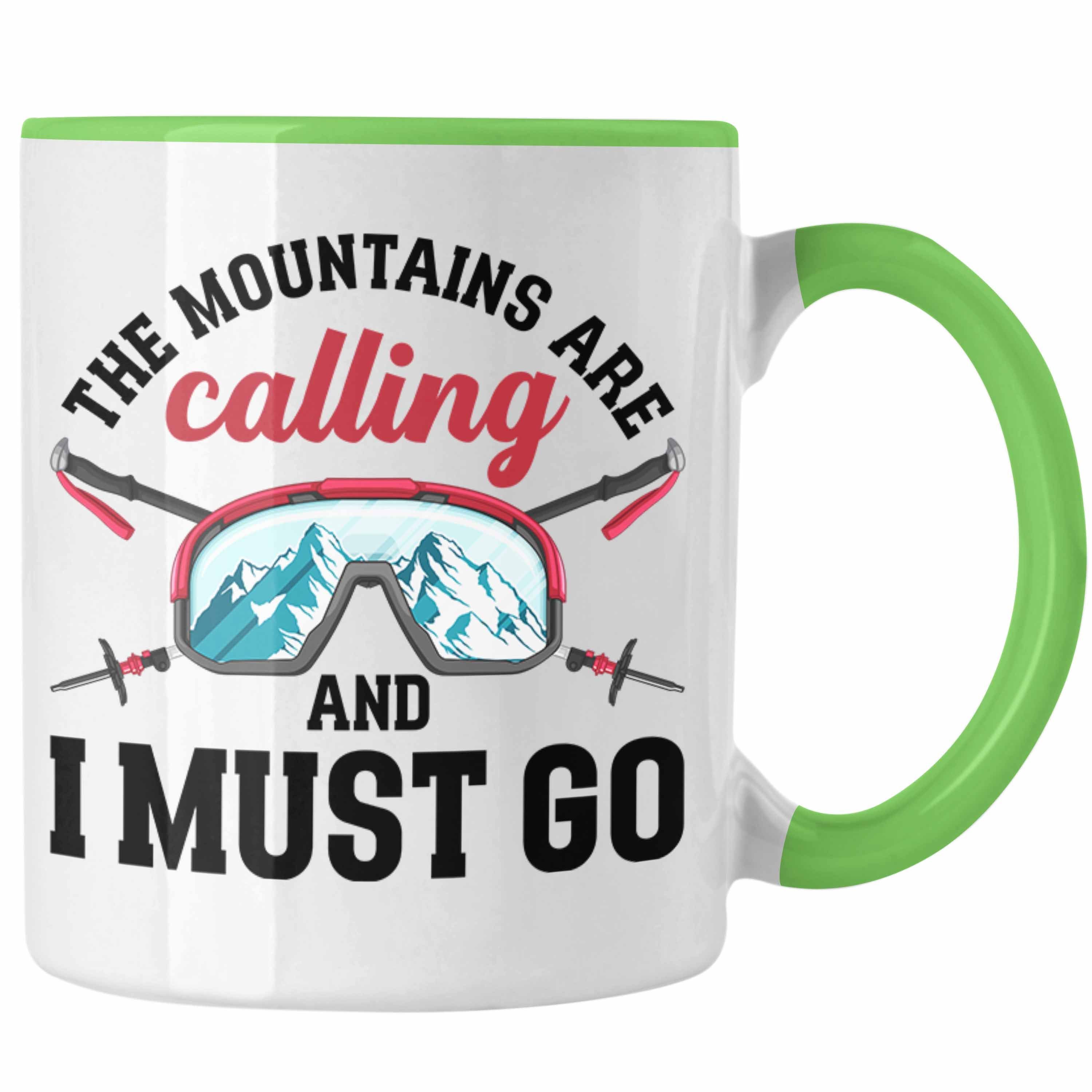 Trendation Tasse Trendation - The Mountains Are Calling Tasse Geschenk Kaffeetasse Wander Kaffeebecher Lustiger Sprüche Outdoor Grün